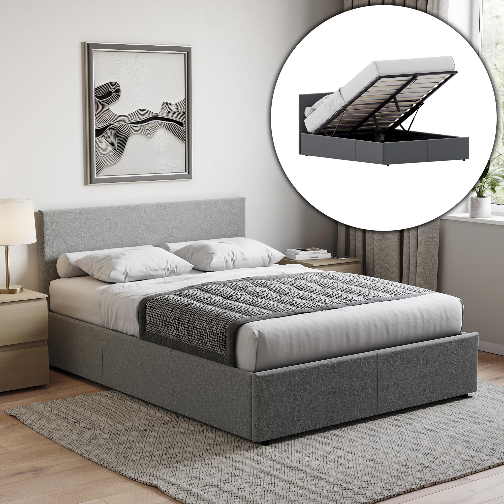 Vida Designs Veronica Double Ottoman Bed Frame - 4ft6 Size | Light Grey Linen Upholstery | Gas-Lift Storage 1