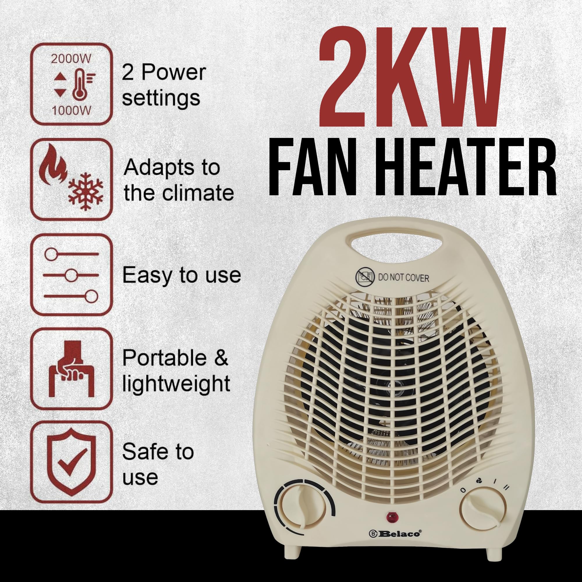 Belaco Portable Electric Fan Heater - 2 Heat Settings (1000W/2000W) | Overheat Protection | Cream 4