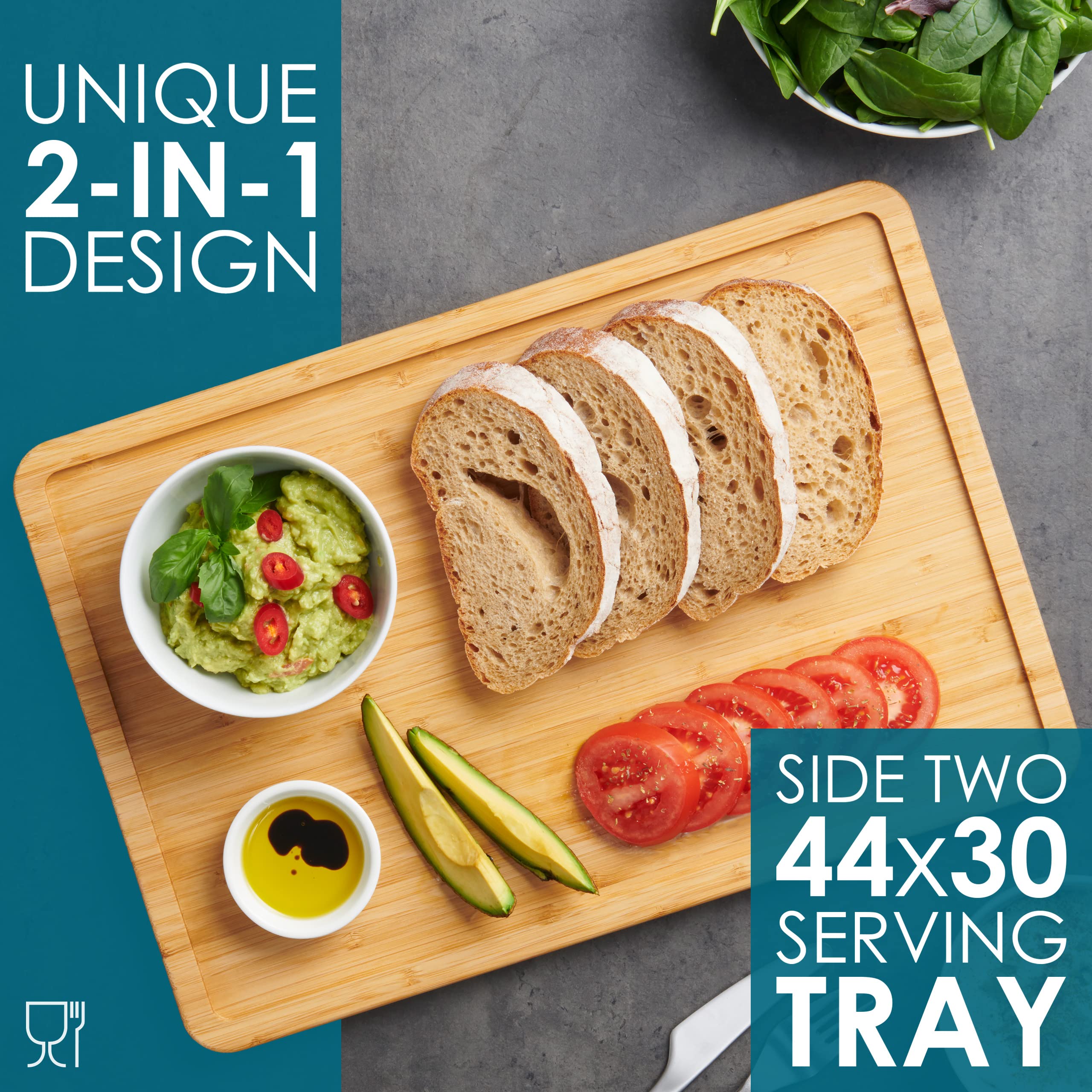 LARHN Premium Organic 2-in-1 Extra-Large Bamboo Chopping Board & Serving Tray | 44x30x2cm | Reversible with Juice Groove 3