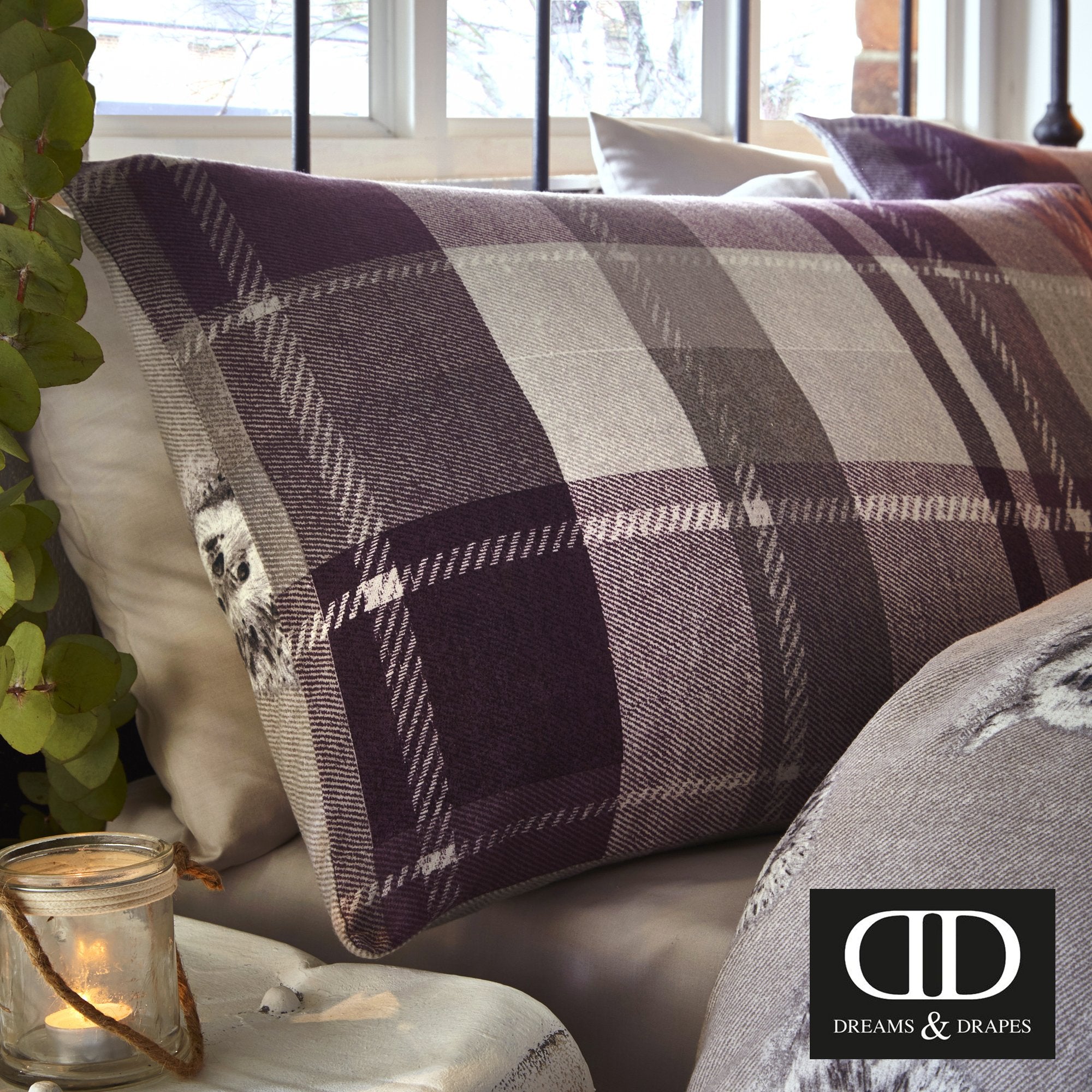 Dreams & Drapes Colville Check Duvet Cover Set - 100% Brushed Cotton, Plum, King Size (3 Pieces) 4