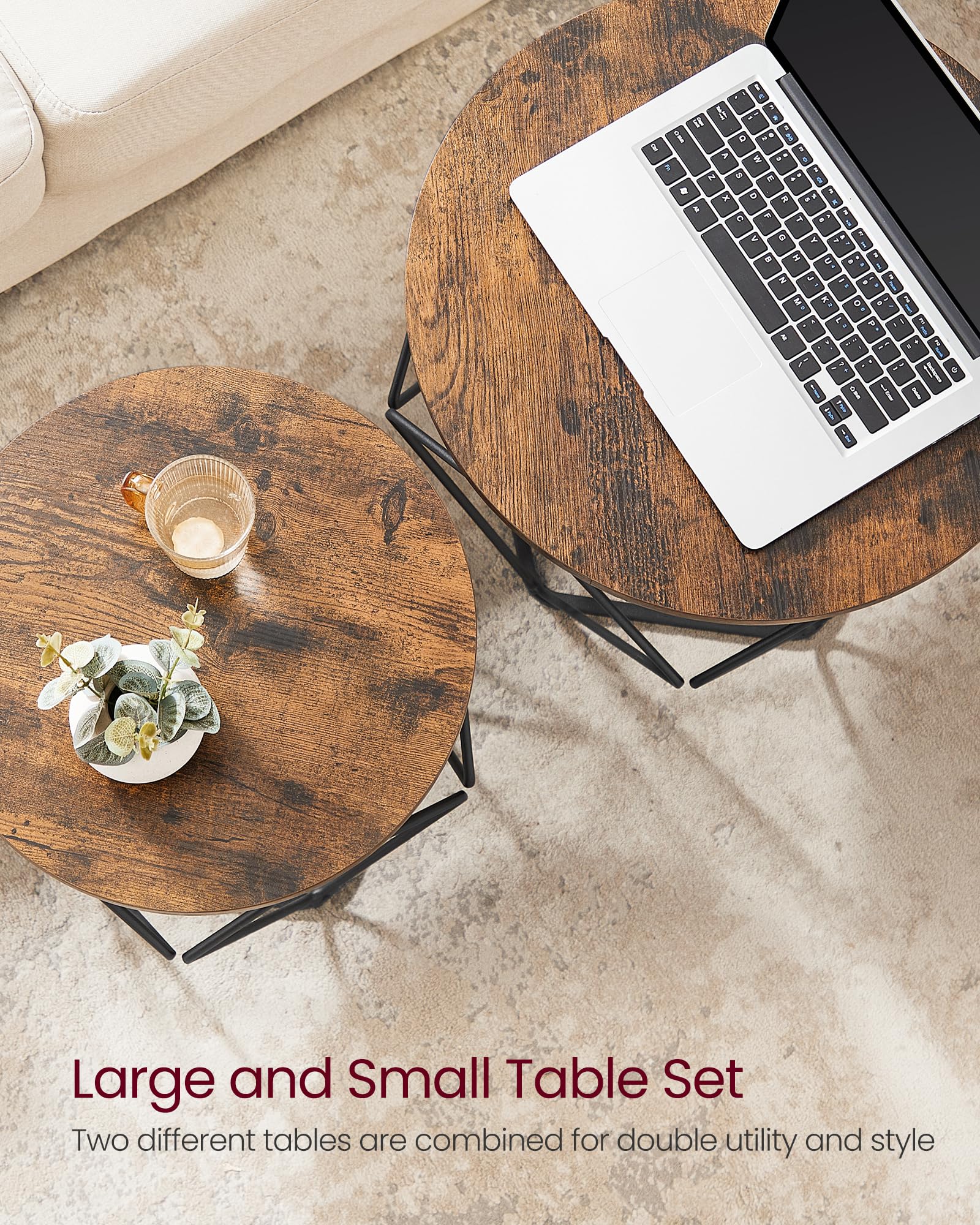 VASAGLE Set of 2 Industrial Coffee Tables - Rustic Brown/Black | Chipboard & Steel | Max Load 20kg 7
