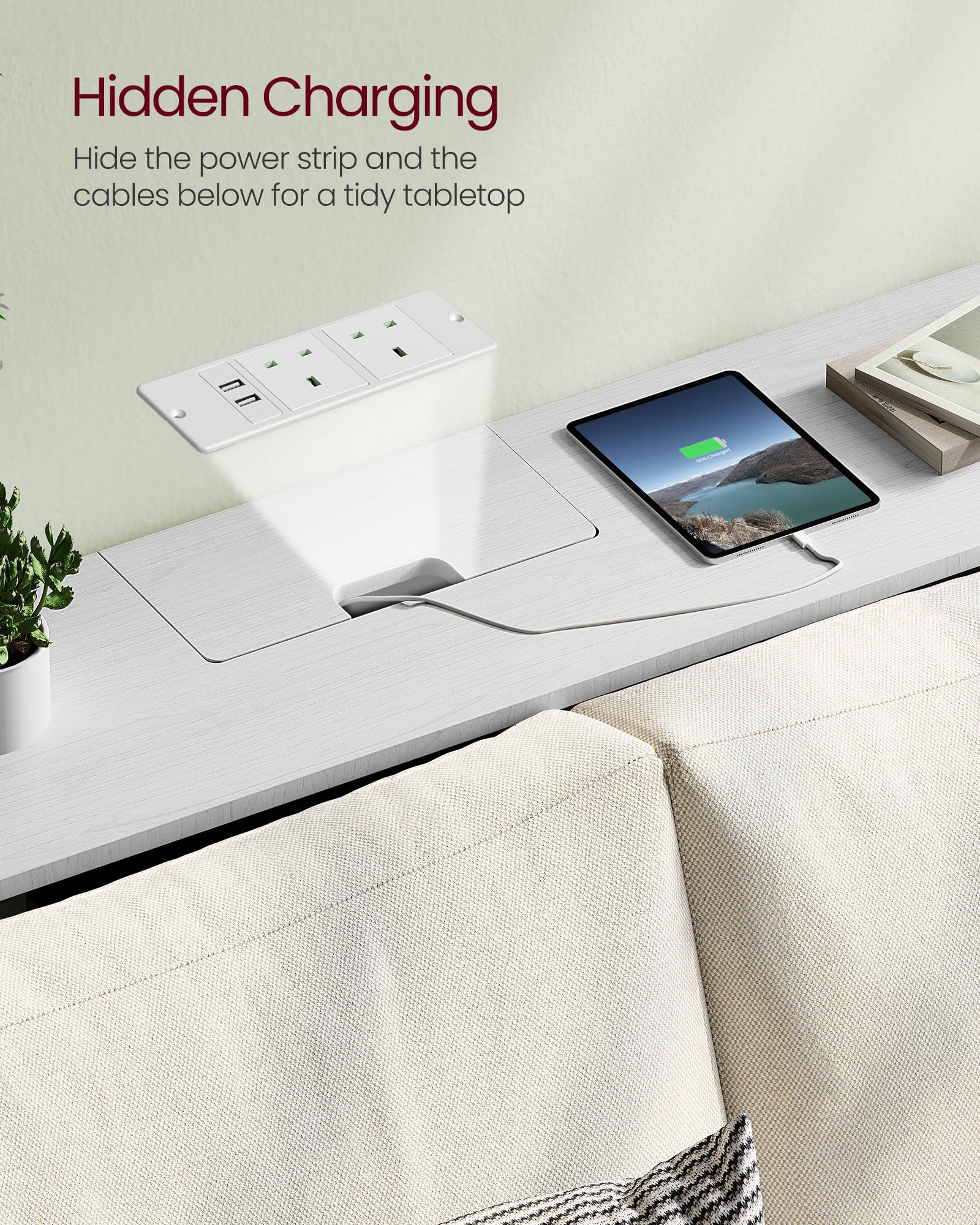 VASAGLE Console Table with Charging Station - Slim Design, Snow White, 120cm Wide 4