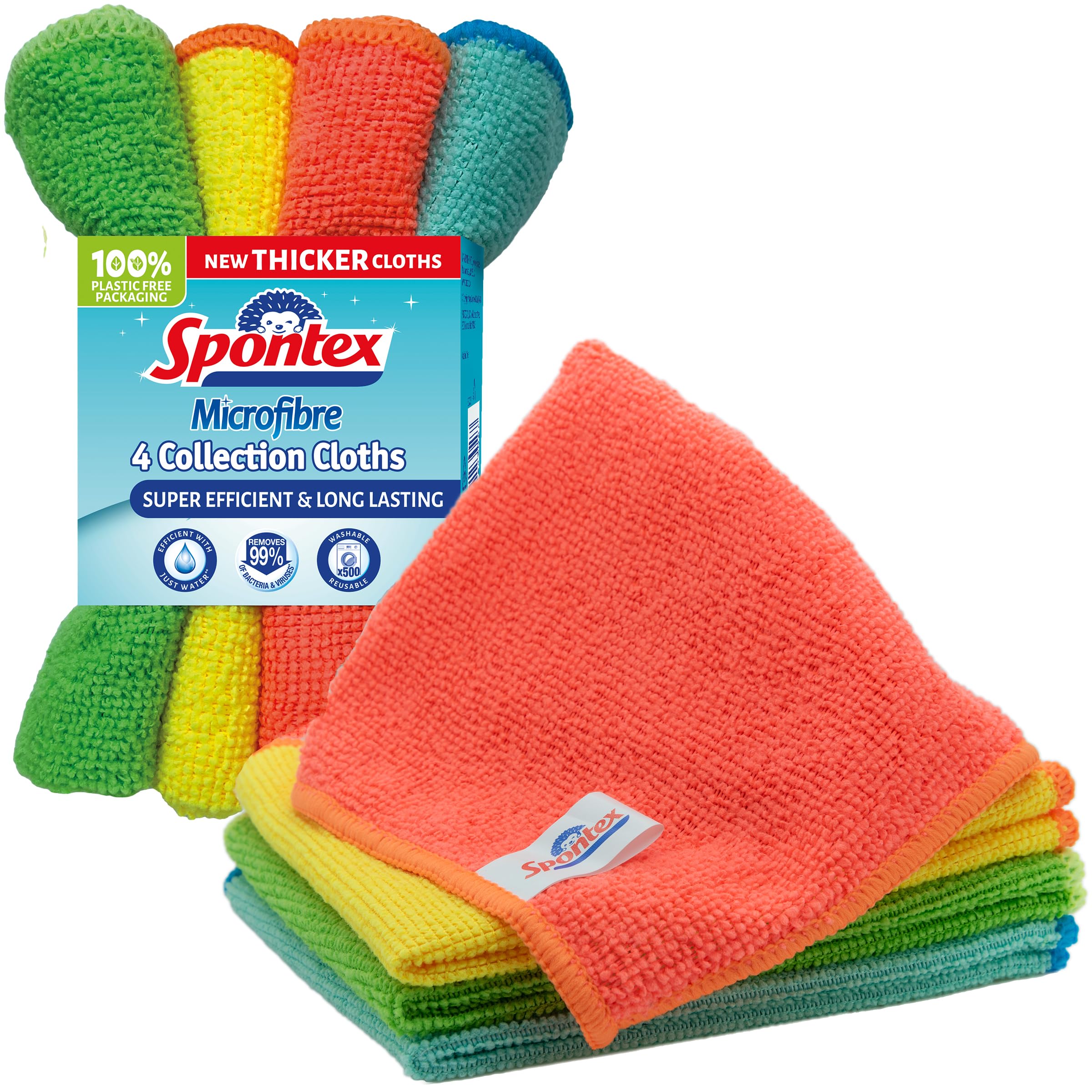 Spontex Microfibre Cleaning Cloths - 4 Count, 30x30cm, Assorted Colours | Kills 99% Bacteria 1