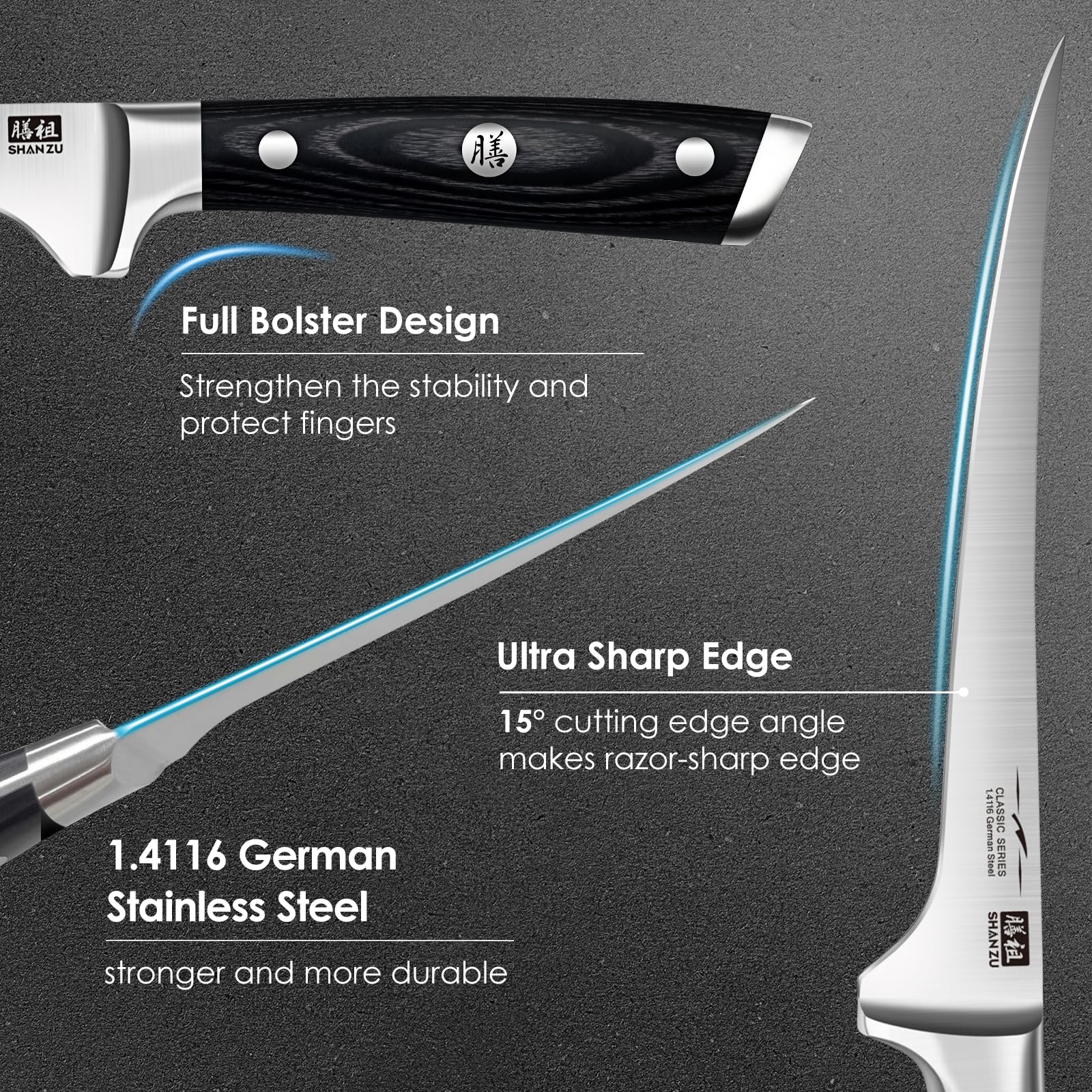 SHAN ZU 7 Inch Filleting Knife - Flexible Boning Knife with German Stainless Steel Blade | Lightweight 5