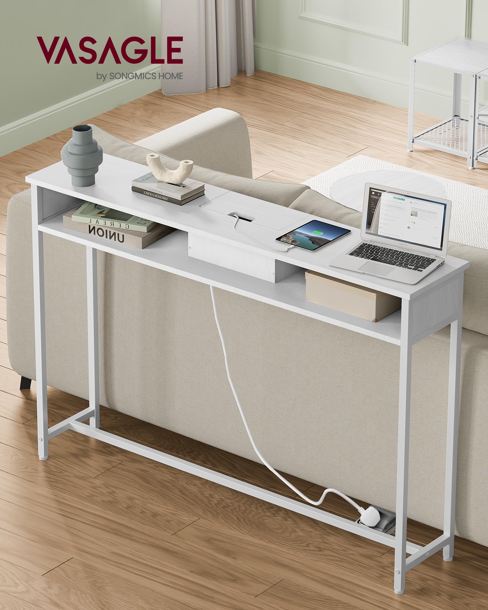 VASAGLE Console Table with Charging Station - Slim Design, Snow White, 120cm Wide 3