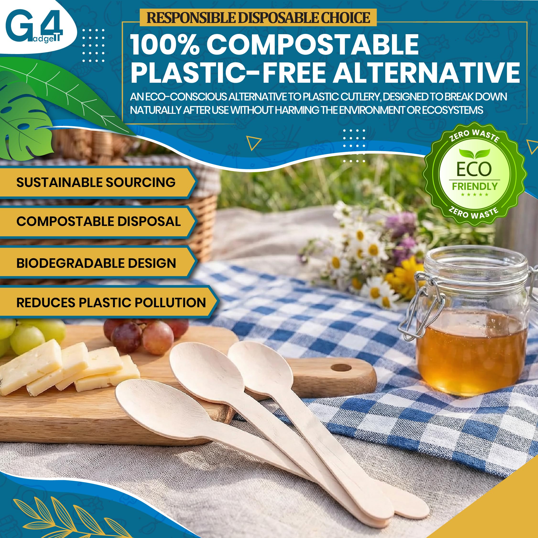 G4GADGET 100-Pack Wooden Spoons - Durable & Splinter-Free Disposable Utensils | Light Brown Wood 5