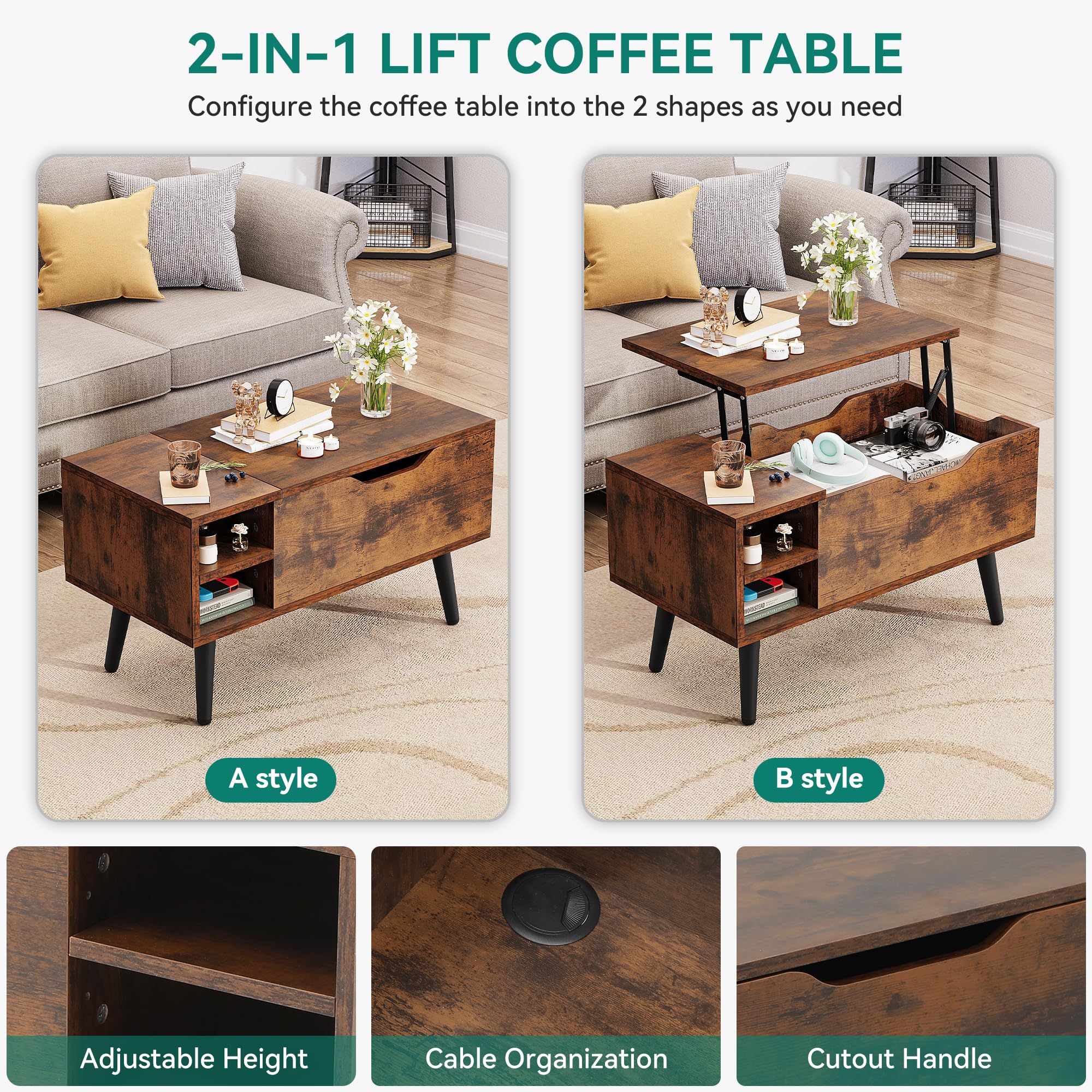 YITAHOME Lift Top Coffee Table - Rustic Brown | Hidden Storage | Removable Side Drawer | 80 x 40 x 61.5 cm 5