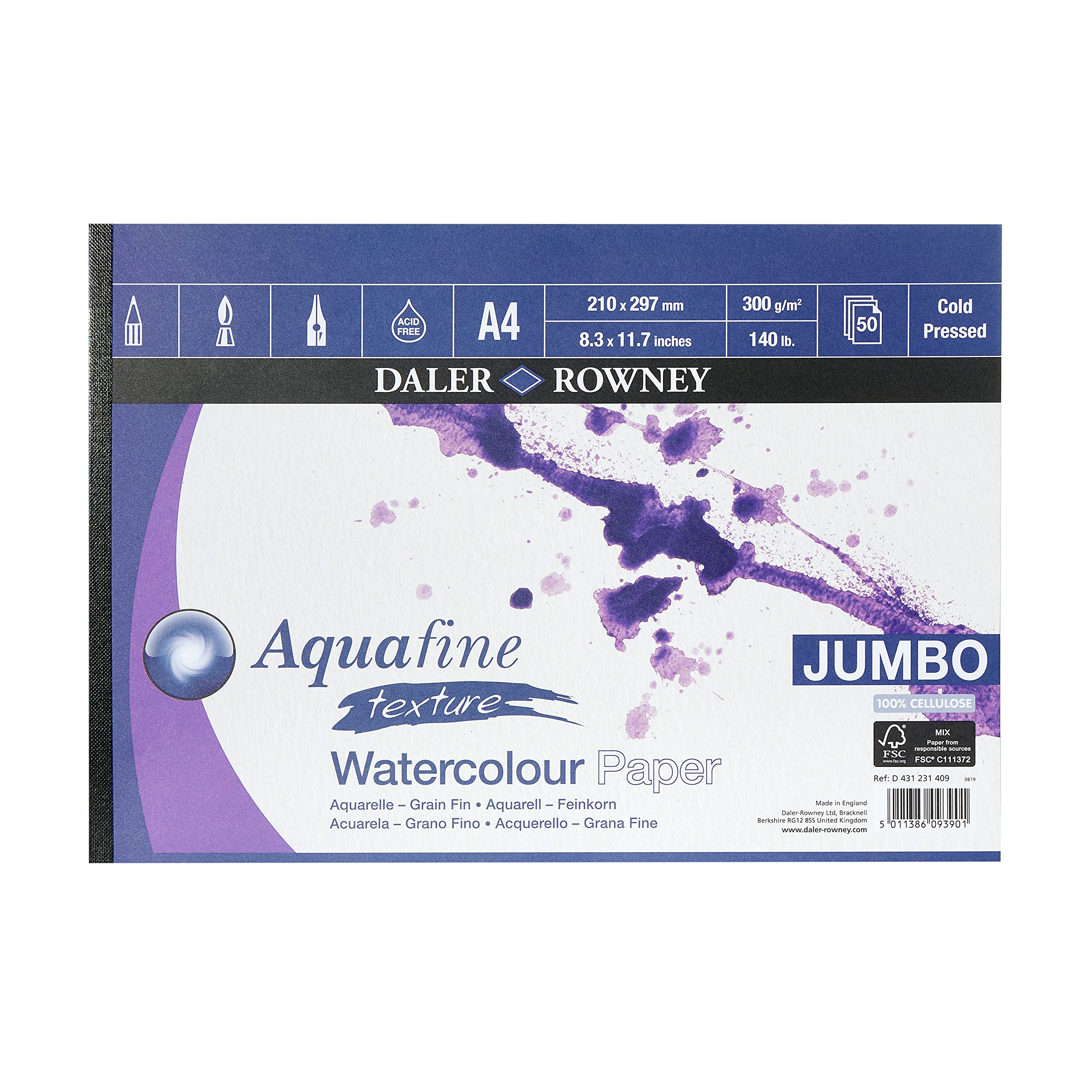 Daler Rowney Aquafine Textured Cold-Pressed Watercolour Paper Pad | 300gsm, A4, 50 Sheets, Natural White 1