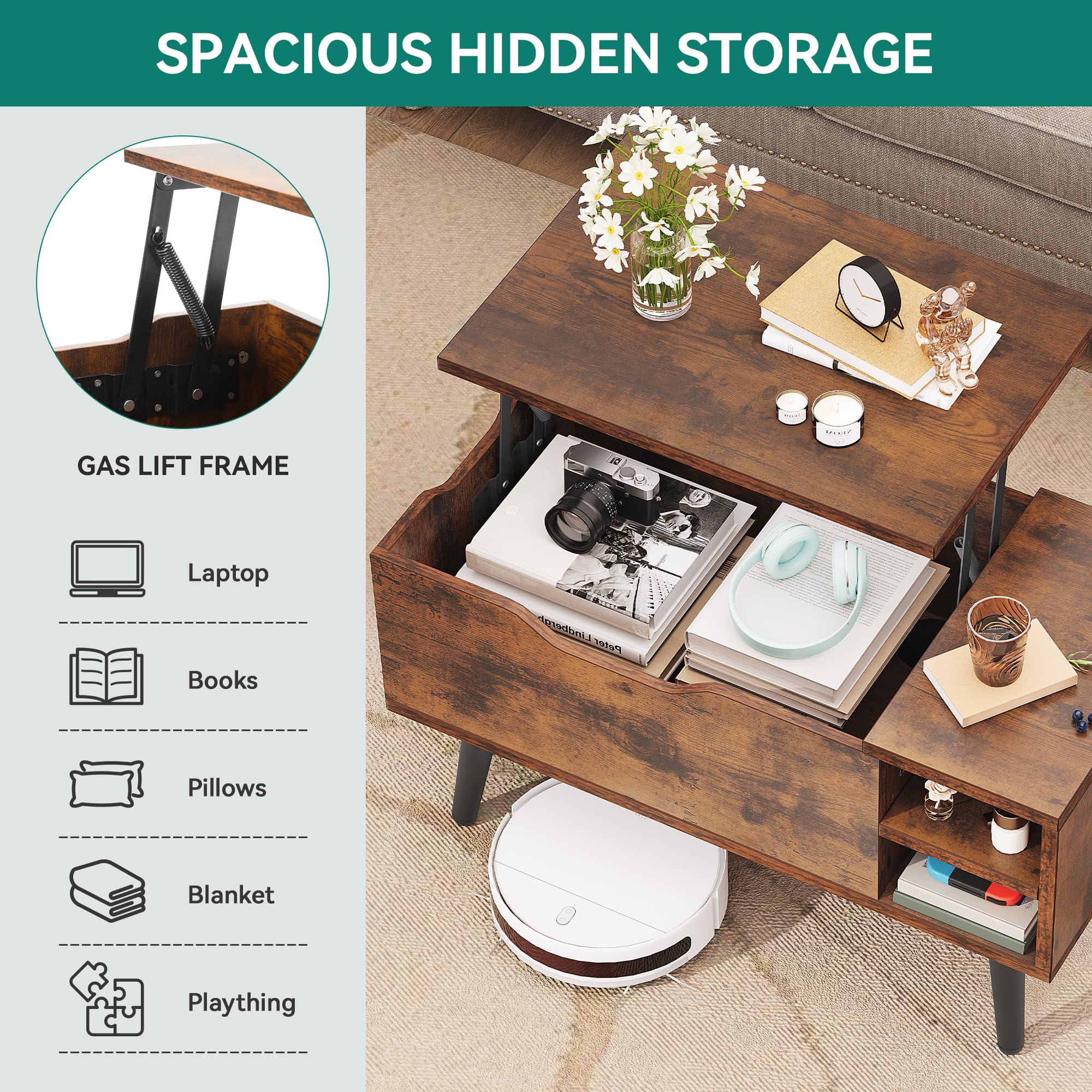 YITAHOME Lift Top Coffee Table - Rustic Brown | Hidden Storage | Removable Side Drawer | 80 x 40 x 61.5 cm 3
