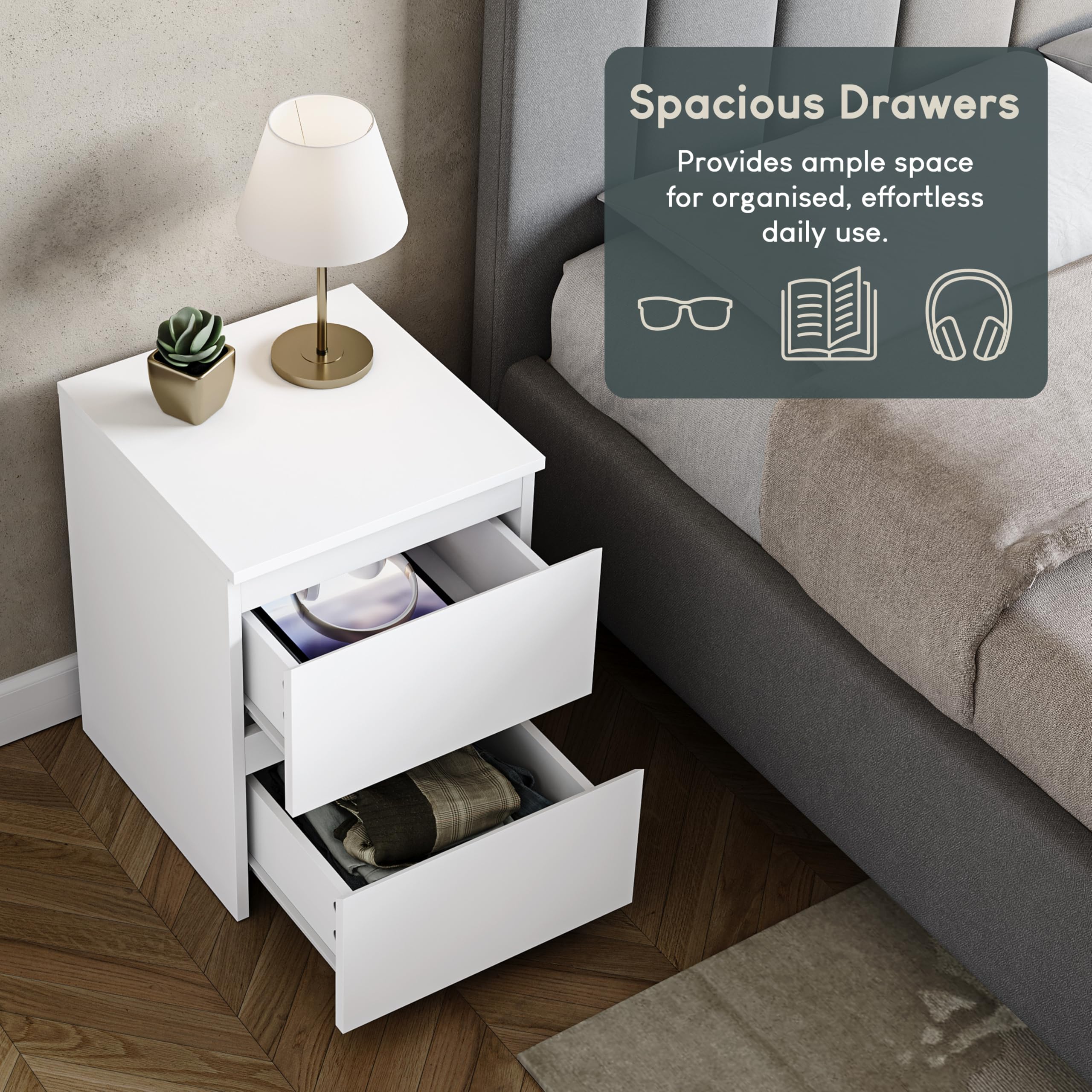 Vida Designs Denver 2 Drawer Large Bedside Cabinet | White Metal Finish | H48 x W39.5 x D39.5 cm 6