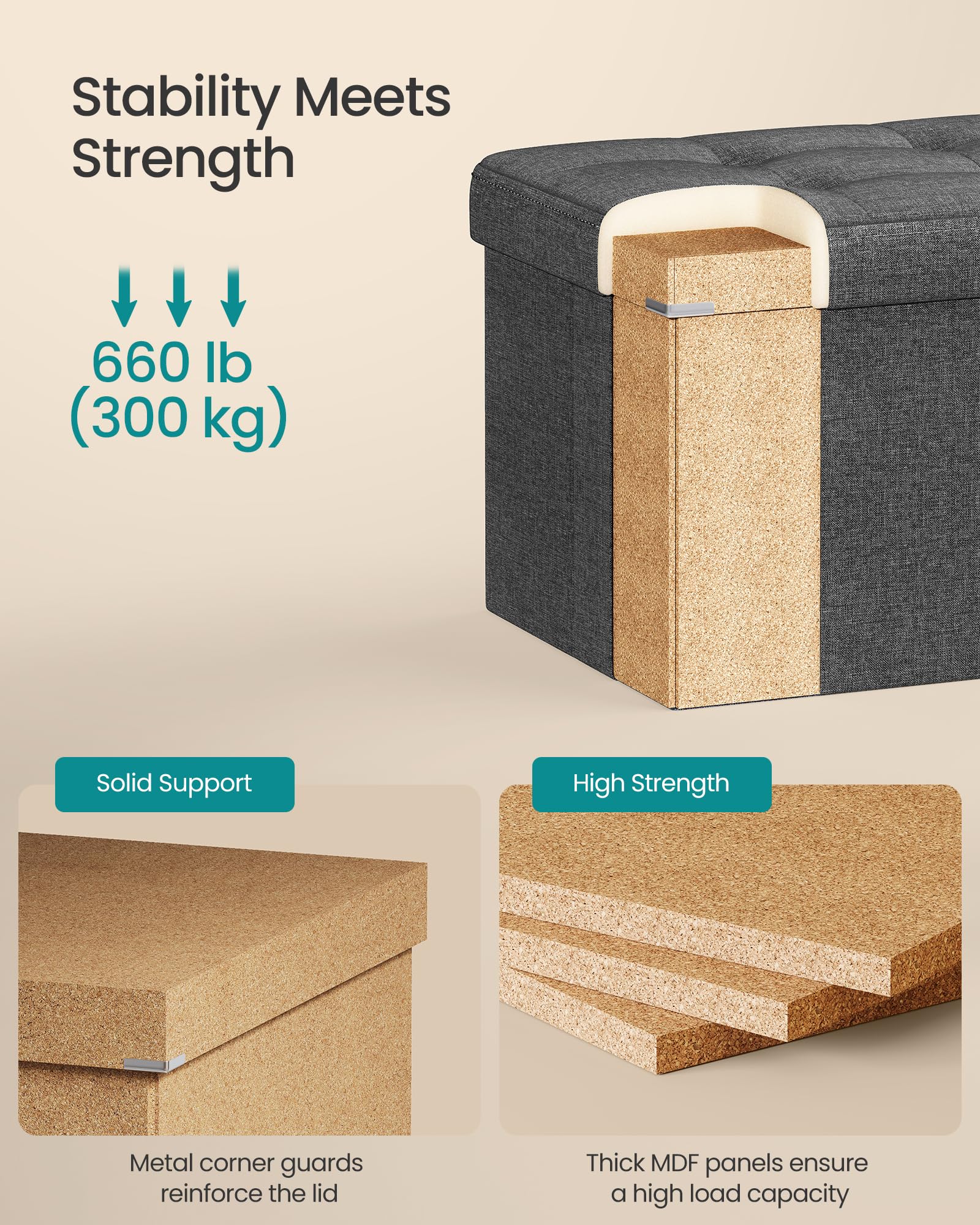 SONGMICS MAZIE Storage Ottoman Bench - 76cm Folding Foot Rest | Dark Grey | 89L Capacity 5