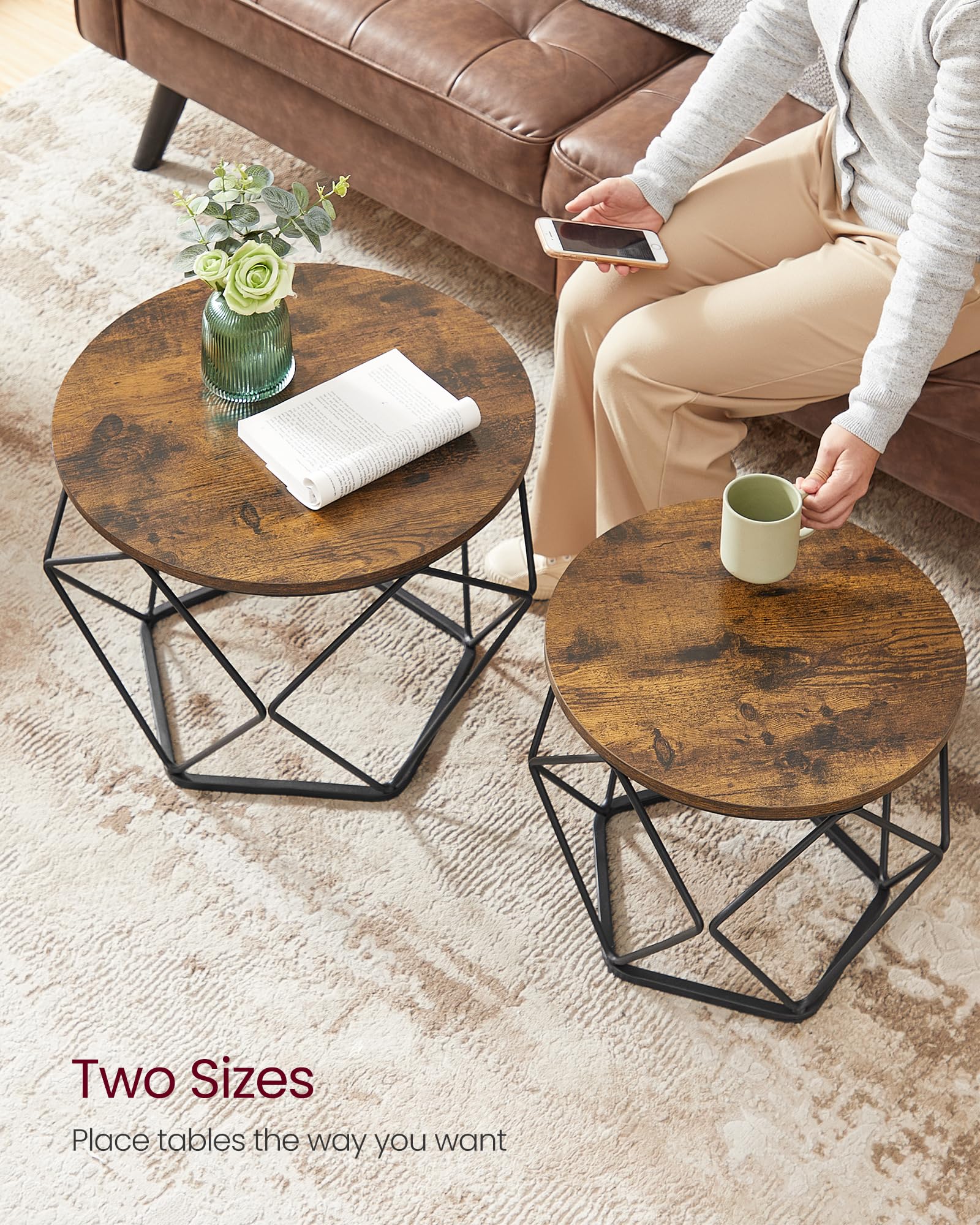 VASAGLE Set of 2 Industrial Coffee Tables - Rustic Brown/Black | Chipboard & Steel | Max Load 20kg 8