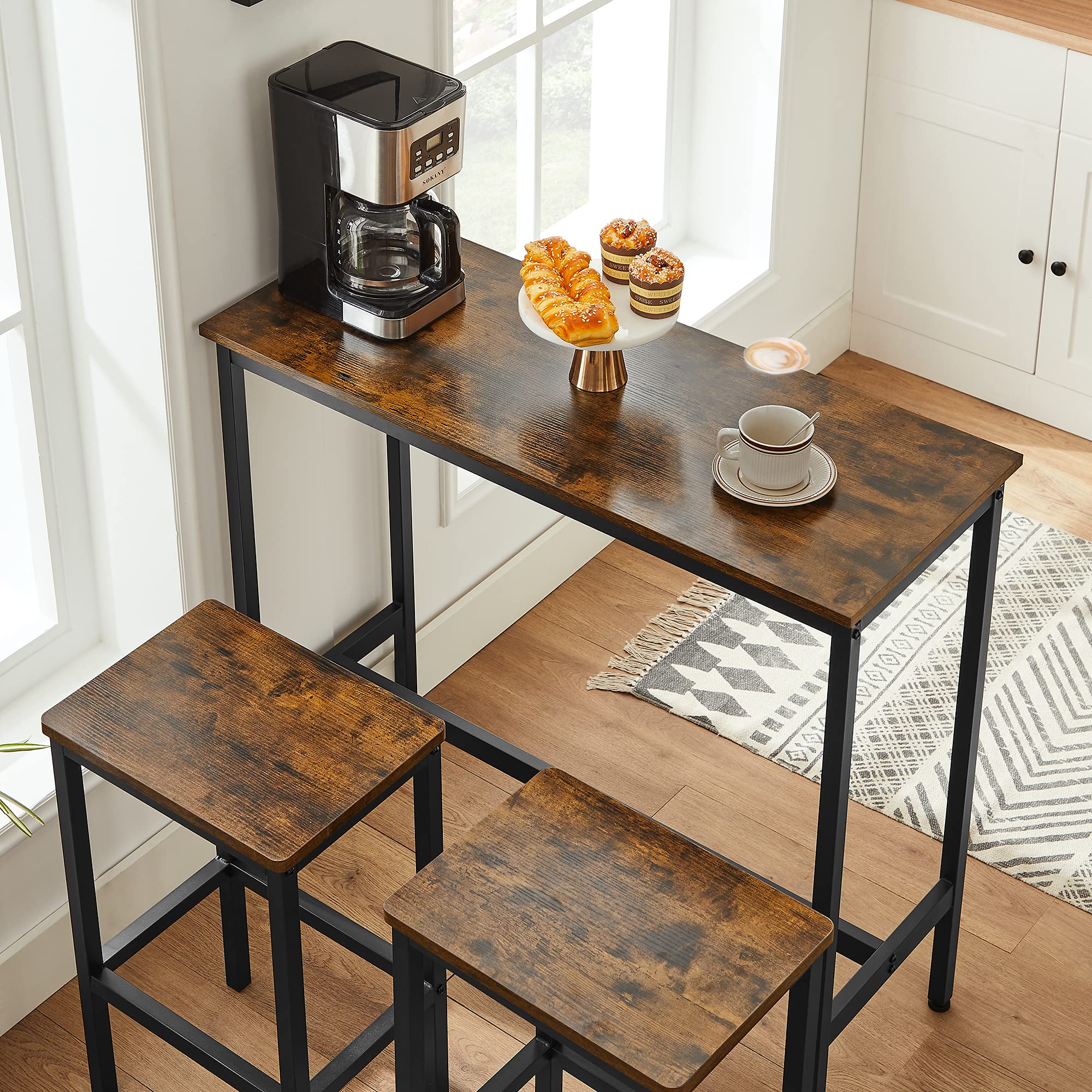 VASAGLE Bar Set - Rustic Brown & Black Dining Table with 2 Stools | 100x40cm Tabletop 6