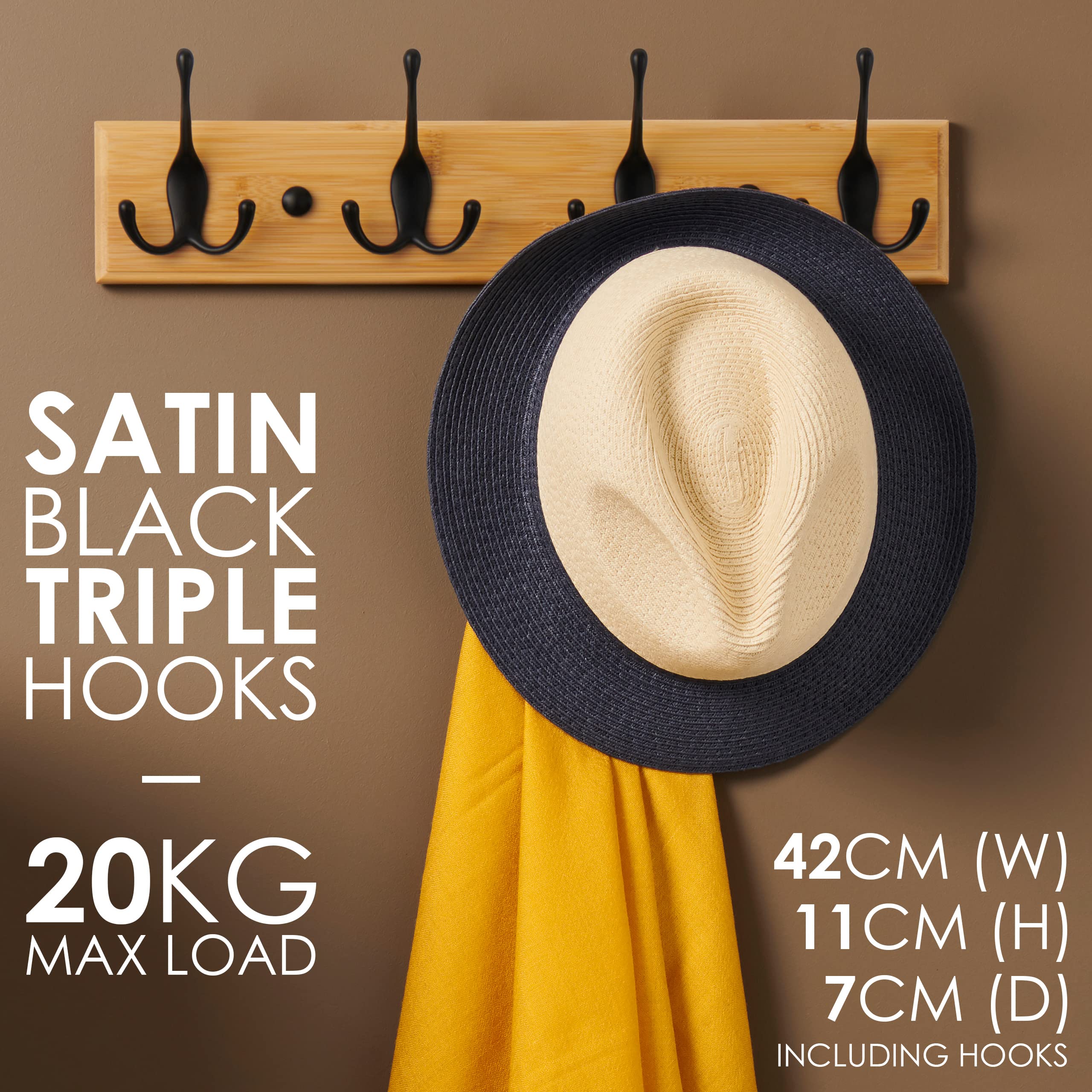 LARHN Wooden Wall Coat Rack - 4 Triple Black Hooks | Heavy Duty Wood & Metal | Max Load 20kg