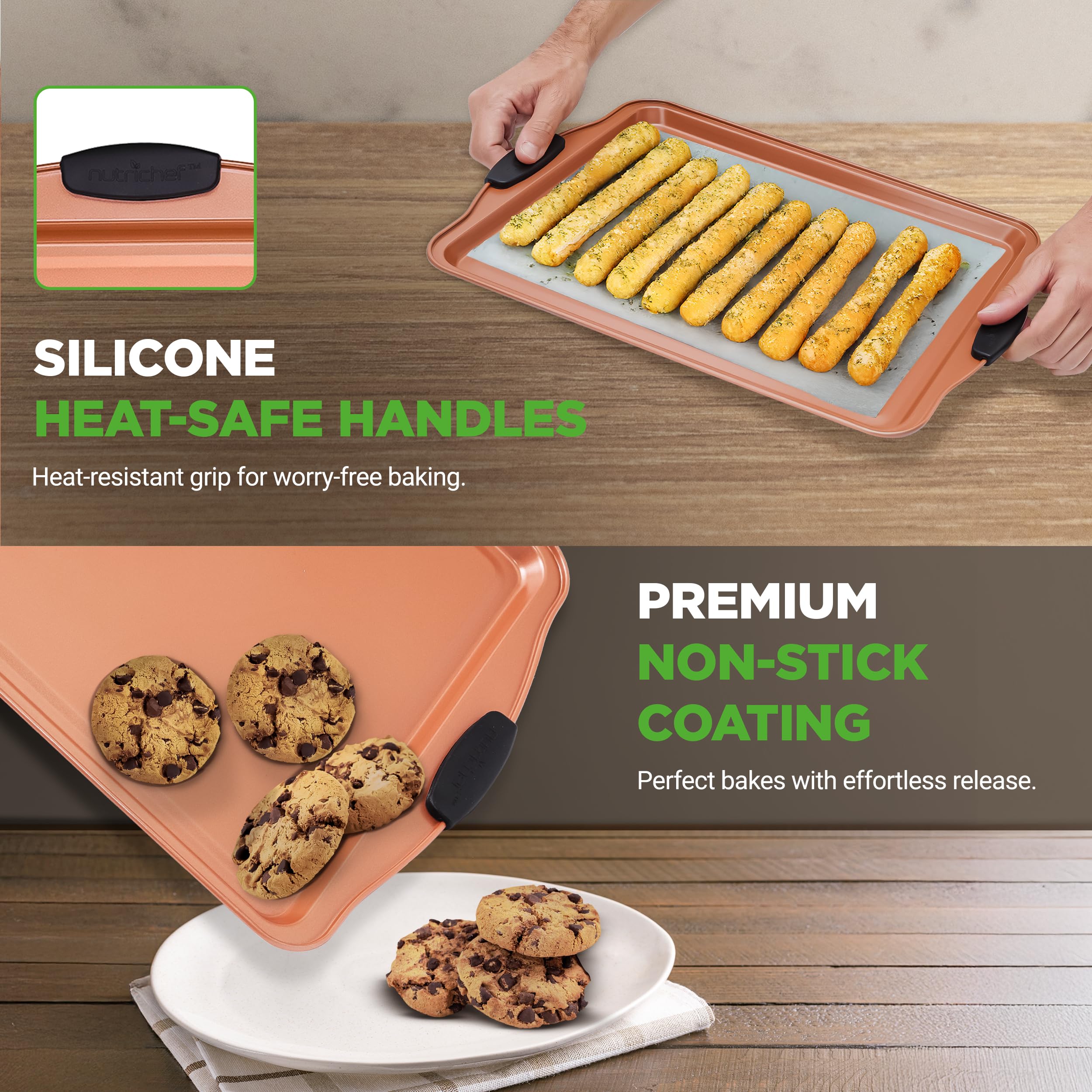 NutriChef 3-Piece Non-Stick Carbon Steel Baking Tray Set with Silicone Handles | Oven Safe to 230°C 6