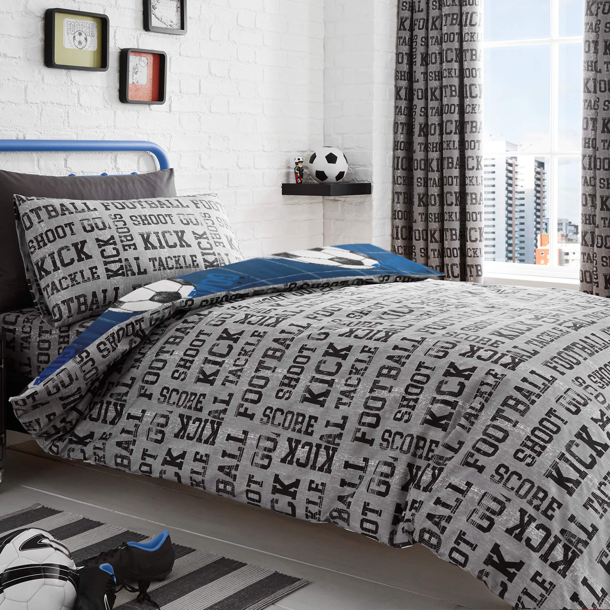 Bedlam Single Duvet Cover Set - Blue Football Theme | 52% Polyester 48% Cotton | W135cm x L200cm 2
