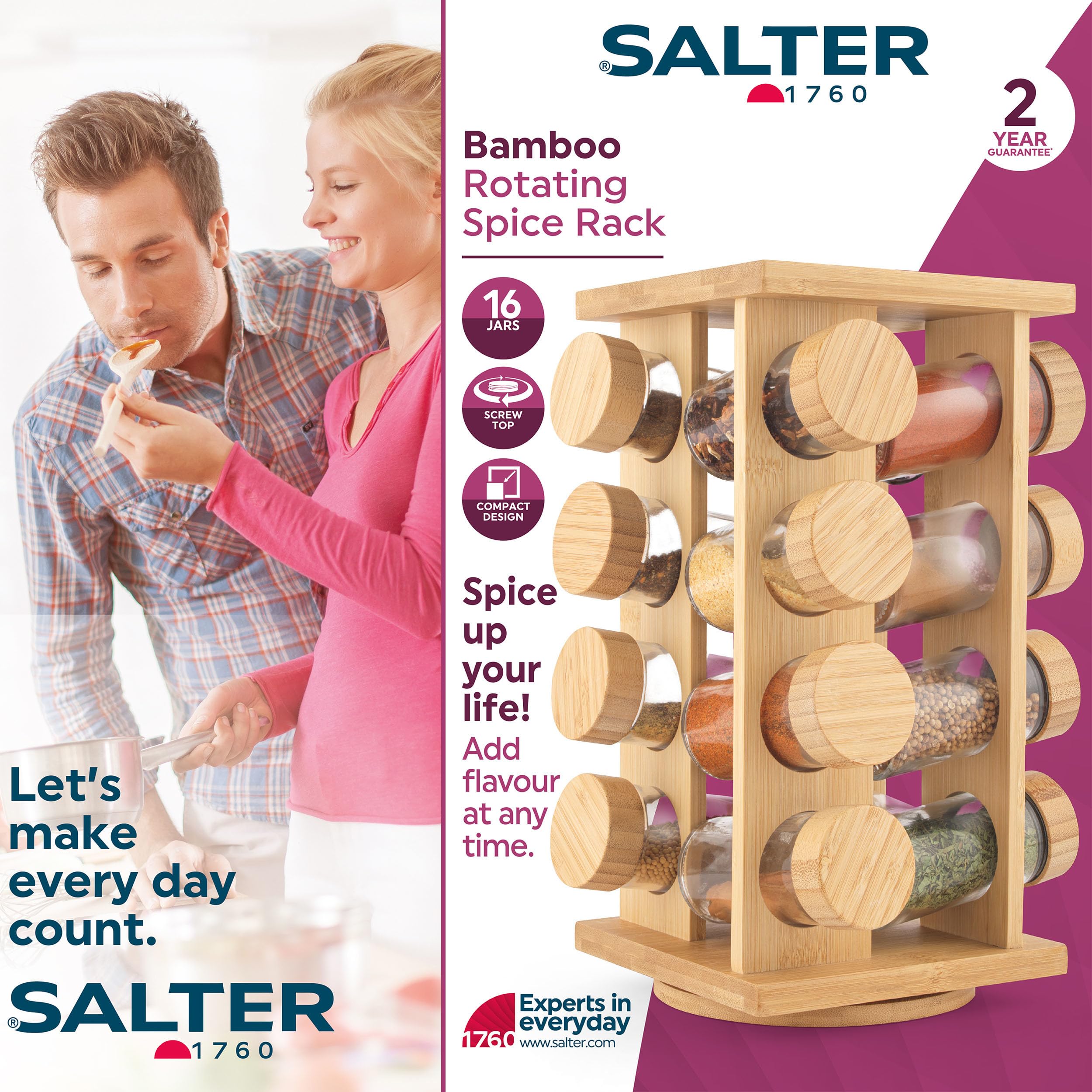 Salter Rotating Bamboo Spice Rack - 16 Jars Included | Countertop Storage | Bamboo Material 3