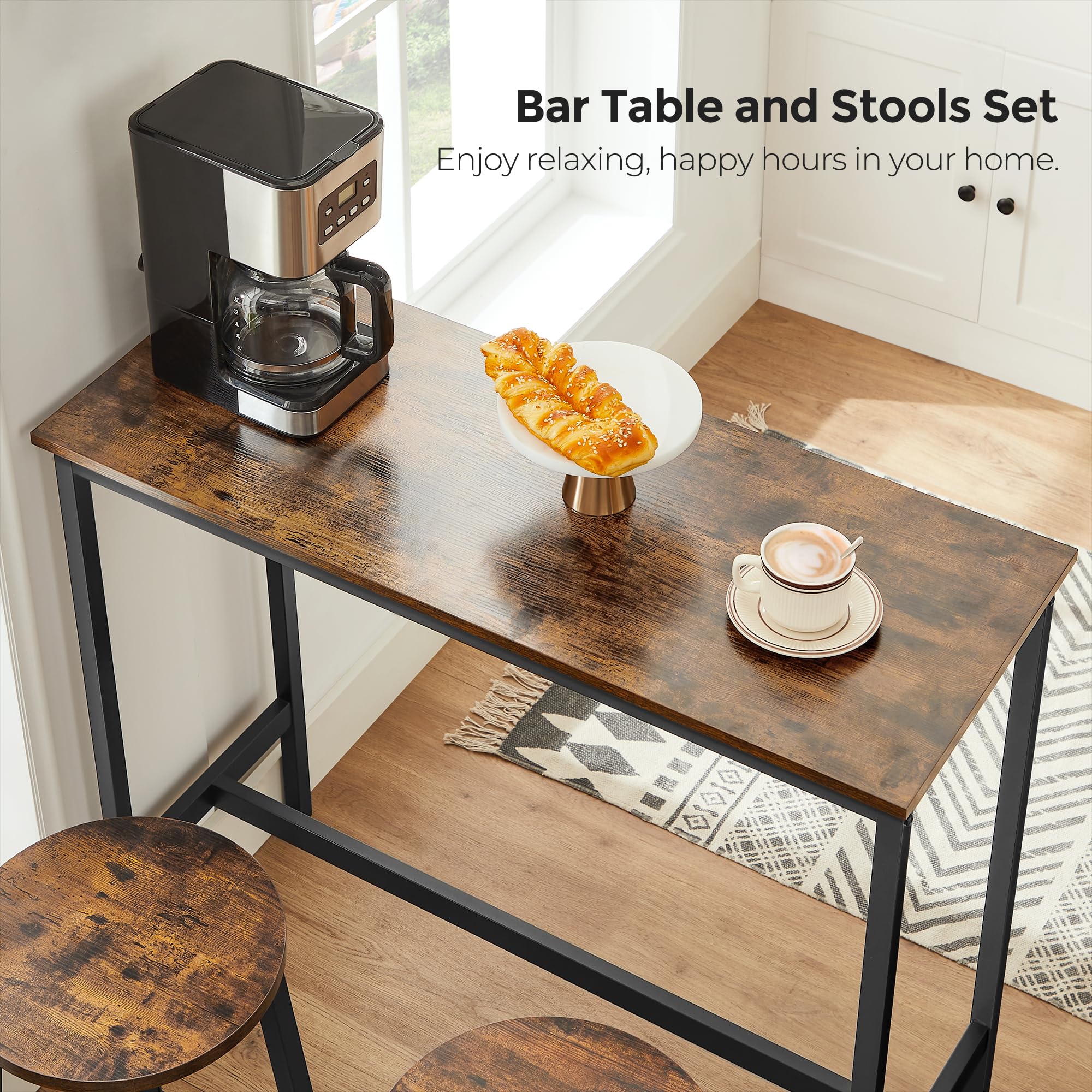 VASAGLE Bar Set with 1 Table and 2 Stools | Rustic Brown & Black | Engineered Wood 5