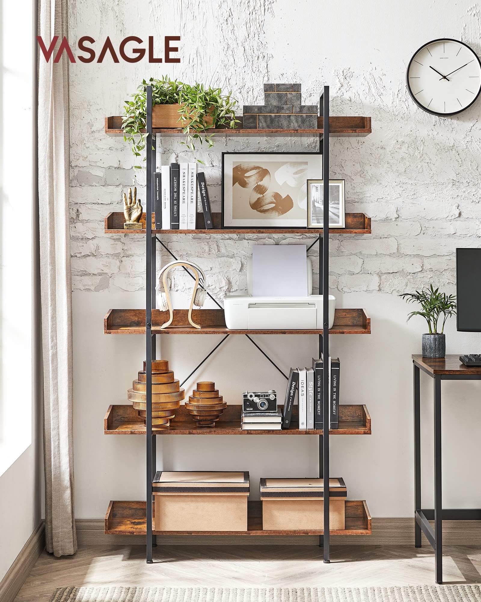 VASAGLE Industrial Bookcase - 5-Tier Shelving Unit | Rustic Brown & Black | 100 x 28 x 178 cm 2