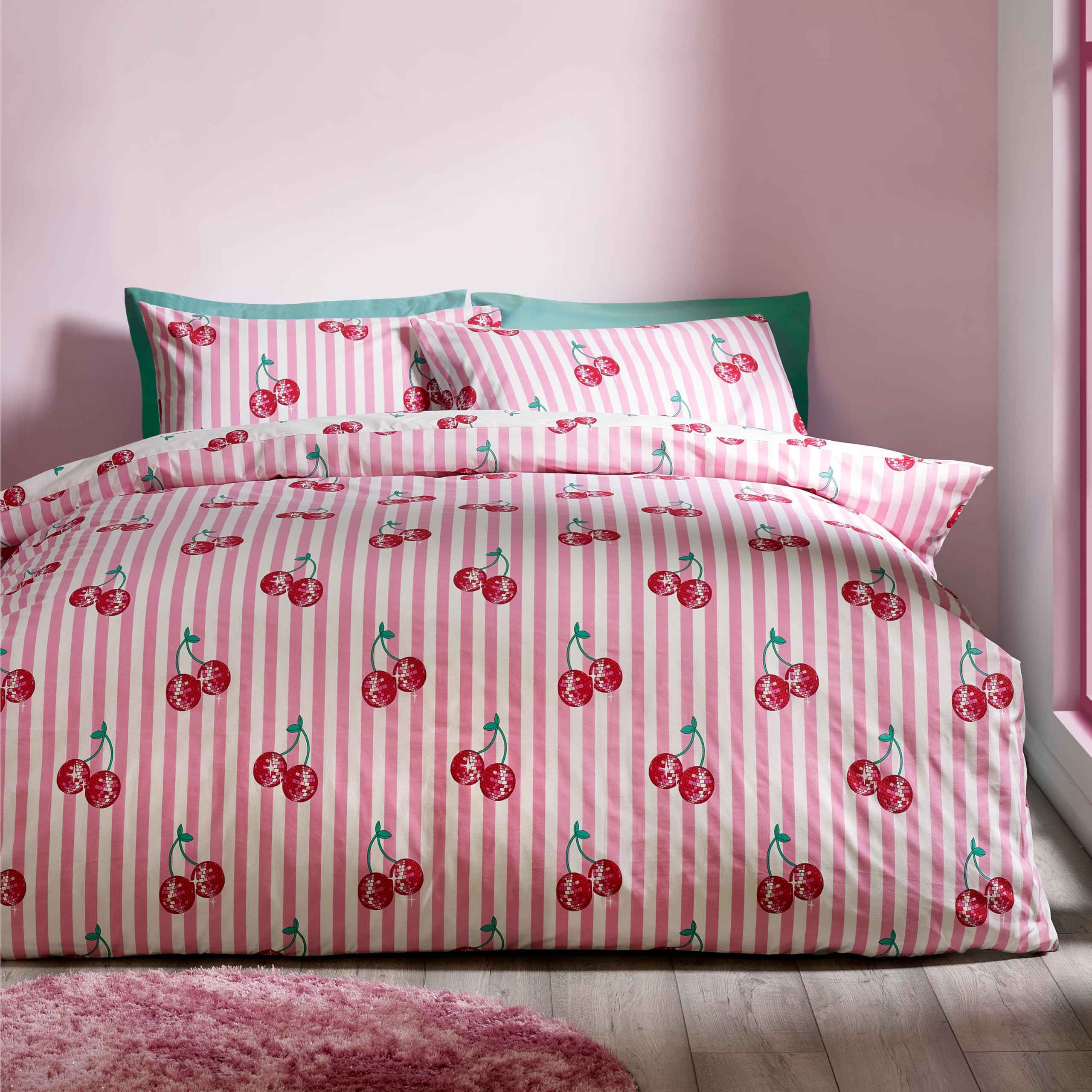 Catherine Lansfield Disco Cherries Stripes Reversible Double Duvet Cover Set | Pink | Polycotton 1