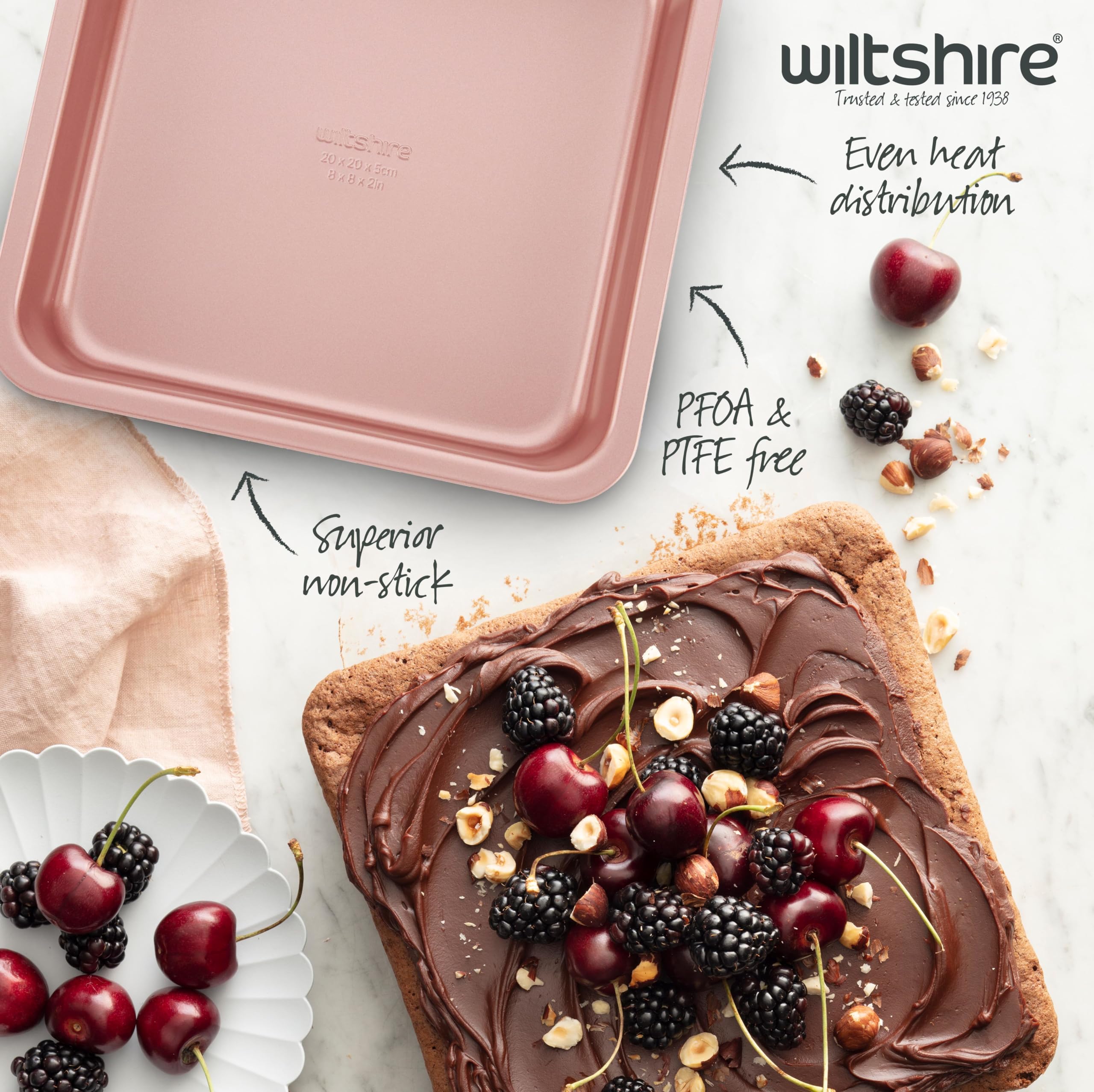 Wiltshire Rose Gold Square Cake Pan - Non-Stick Carbon Steel | 22x22x5cm Exterior 2