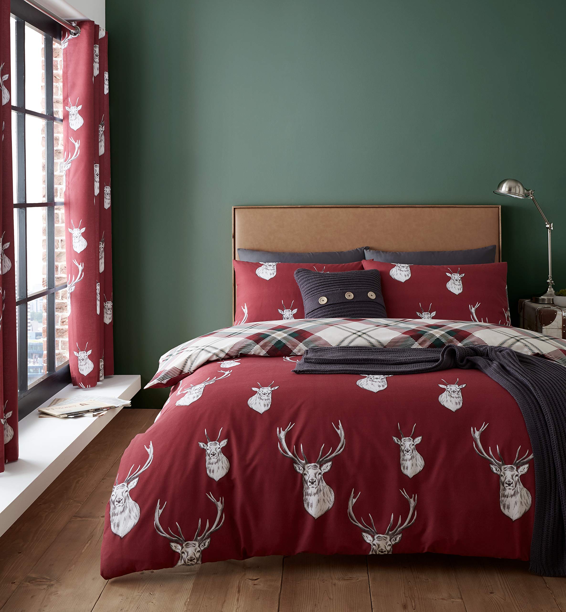 Catherine Lansfield Munro Stag Check Reversible Double Duvet Cover Set | Red | Polycotton 1