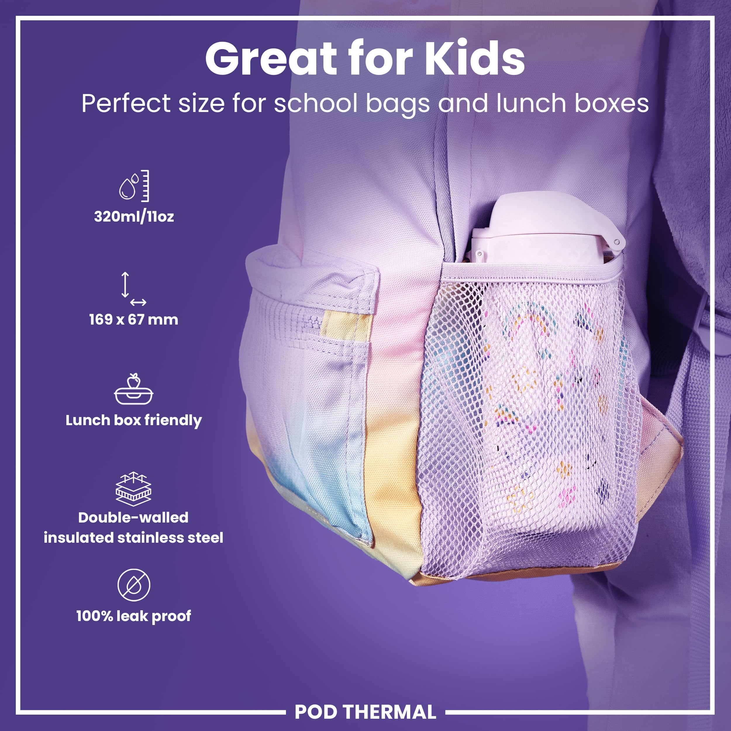 Ion8 Insulated Steel Water Bottle - 320 ml/11 oz, Leak Proof, Pink Unicorns | Dishwasher Safe
