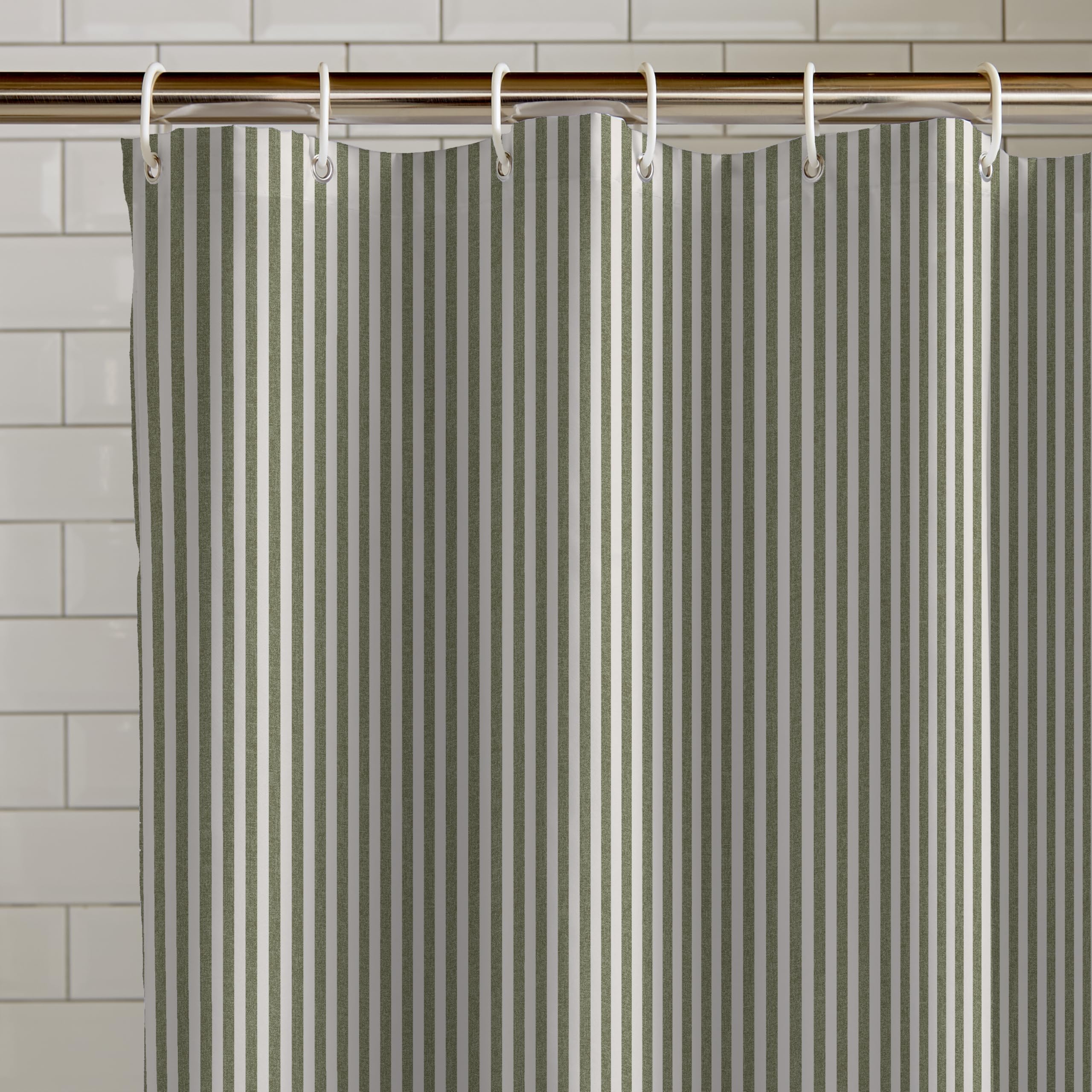Catherine Lansfield Timeless Stripe Shower Curtain - Green | 180x180cm | Eyelet 1
