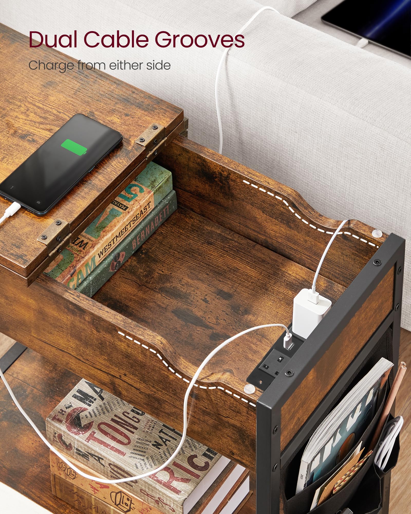 VASAGLE Slim Side Table with Charging Station | Rustic Brown & Black | 60 x 31.5 x 60 cm 4