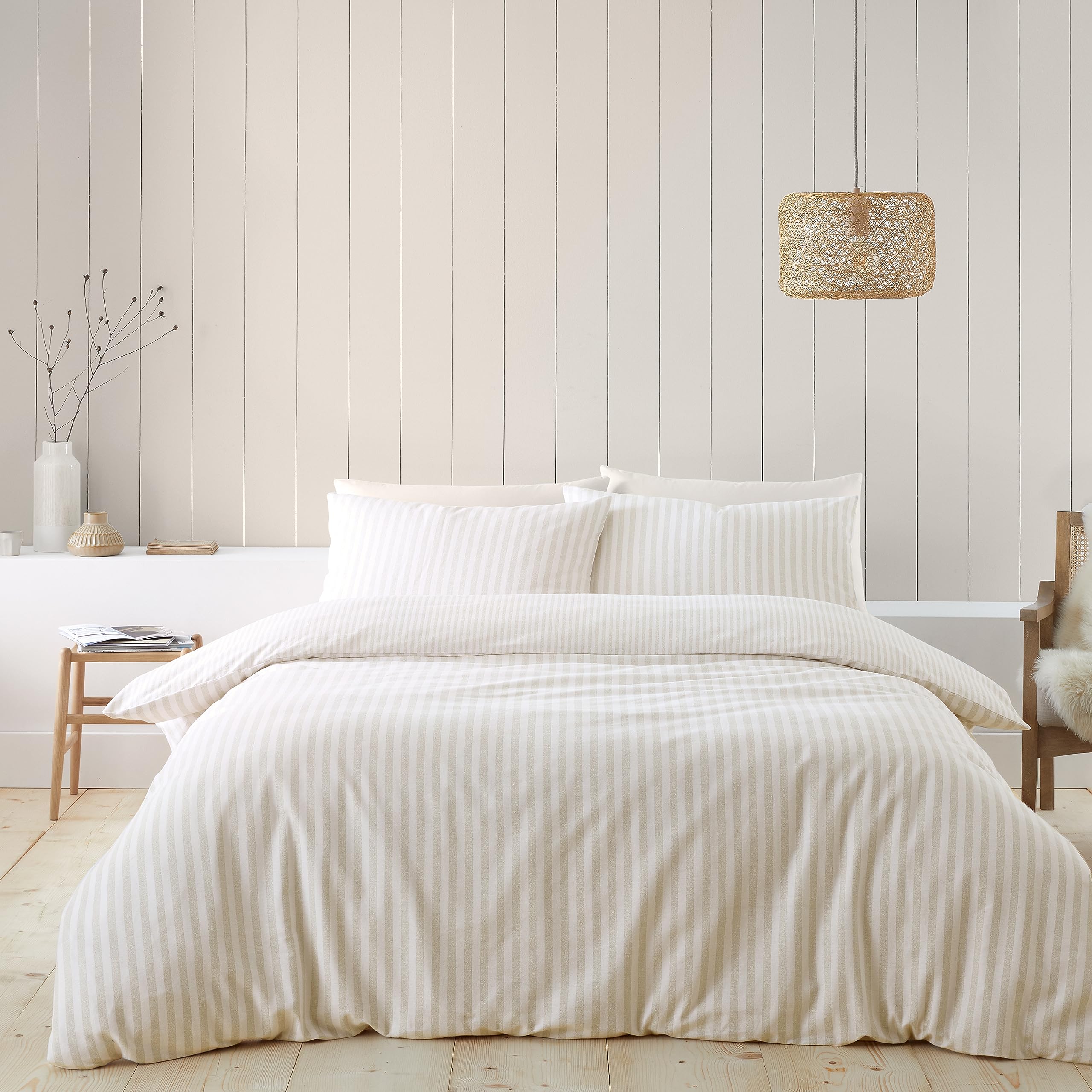 Catherine Lansfield Brushed Cotton Stripe Reversible Double Duvet Cover Set Natural 1