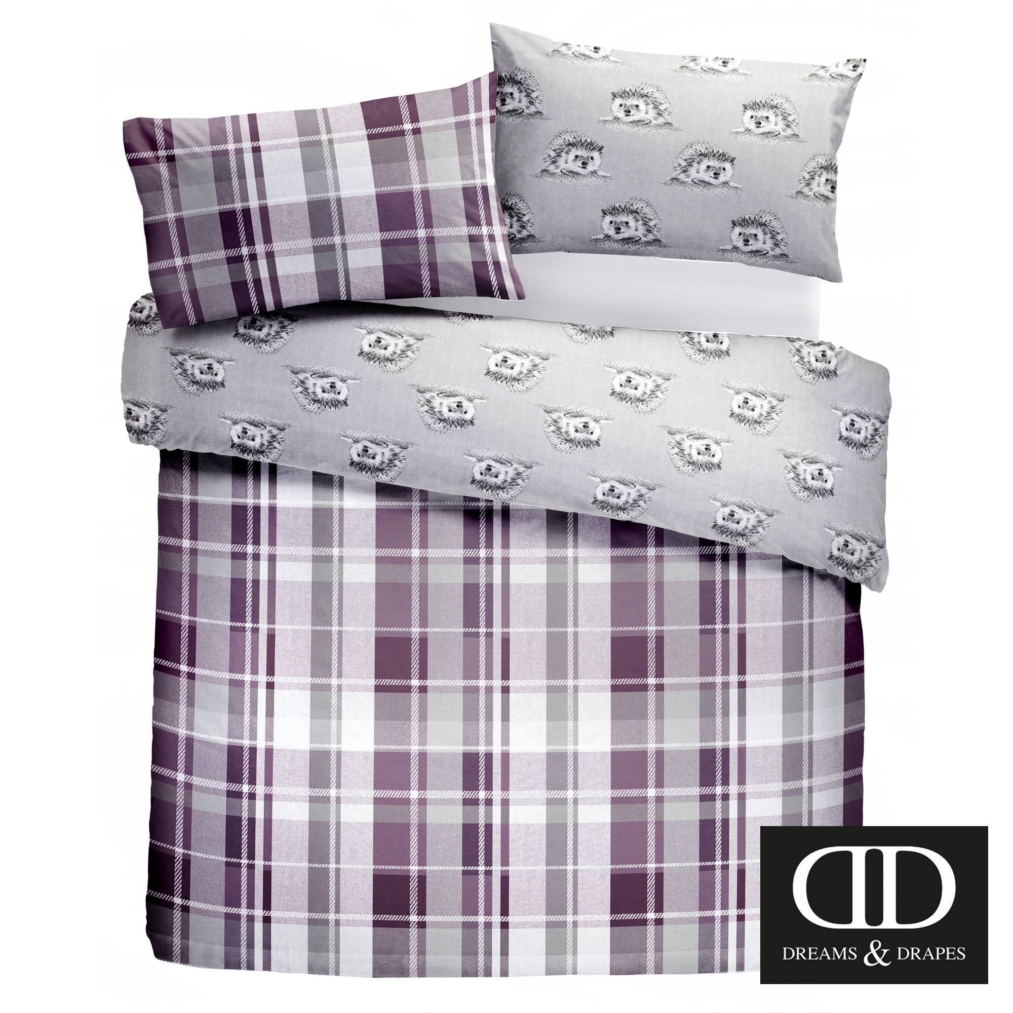 Dreams & Drapes Colville Check Duvet Cover Set - 100% Brushed Cotton, Plum, King Size (3 Pieces) 2
