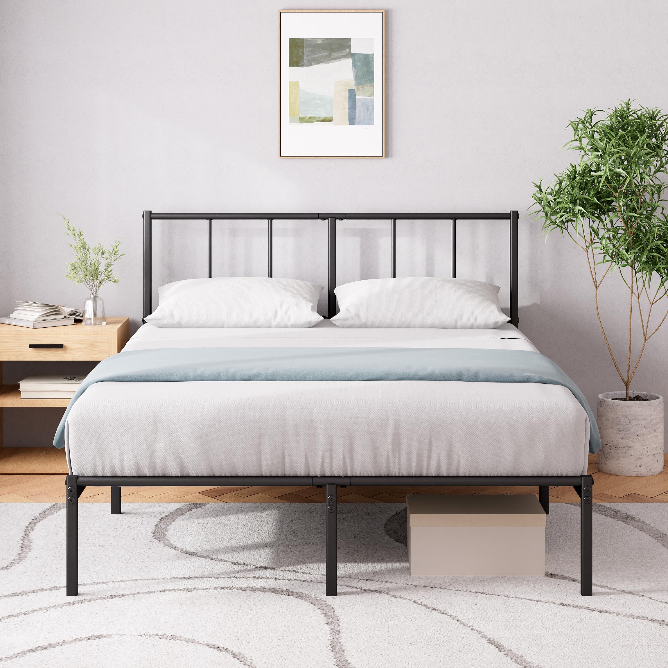 Zinus Justin Double Bed Frame with Headboard - Black Metal | 135 x 190 cm | 14'' Storage Clearance 1