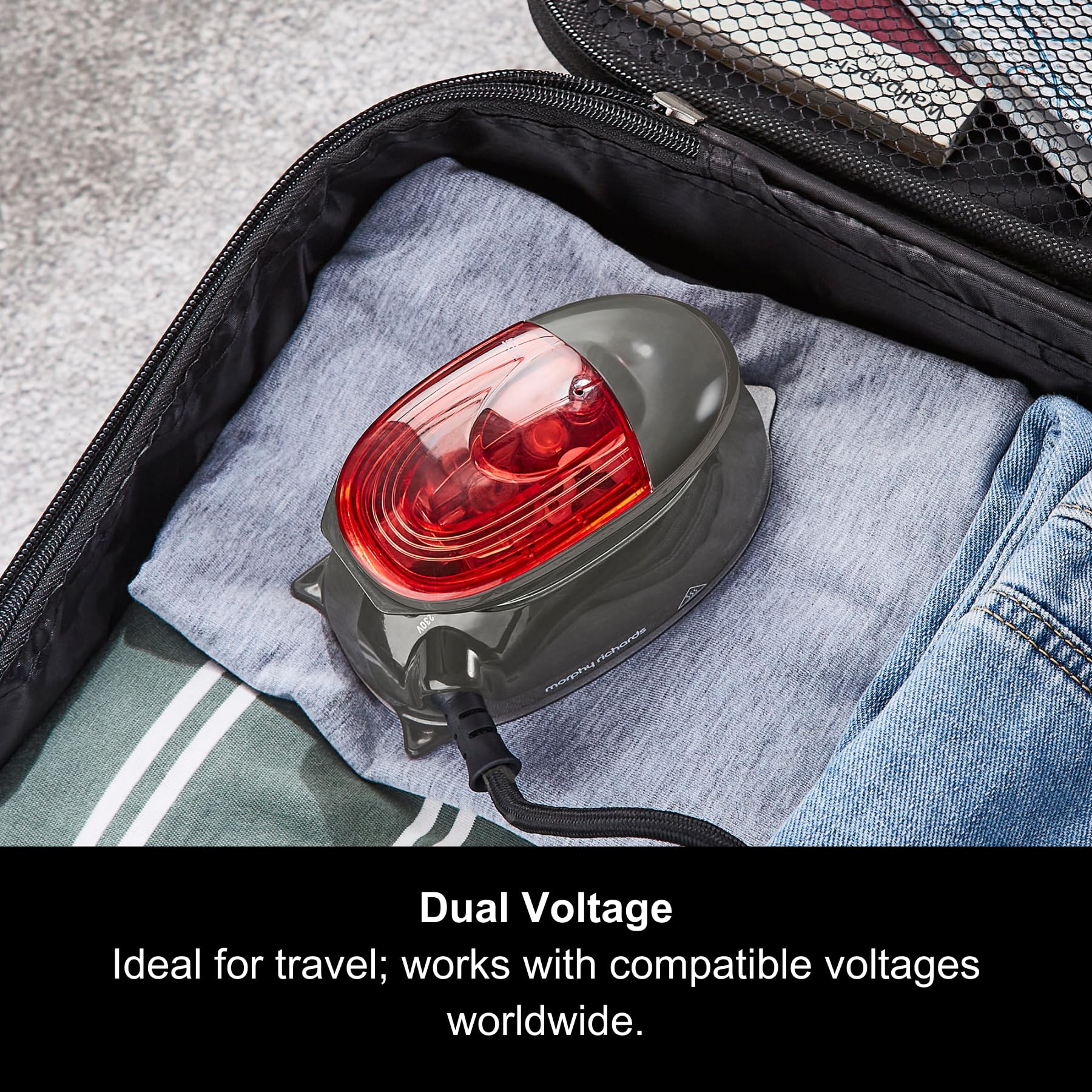 Morphy Richards Compact Travel Iron - Dual Voltage, Non-Stick Soleplate, Continuous Steam | Grey/Red 2