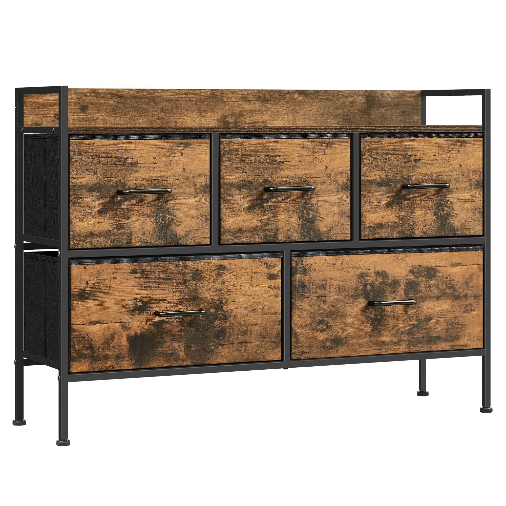 SONGMICS Chest of Drawers - 5 Fabric Drawers, Steel Frame, Rustic Brown/Ink Black | 98.2W x 70H cm 1