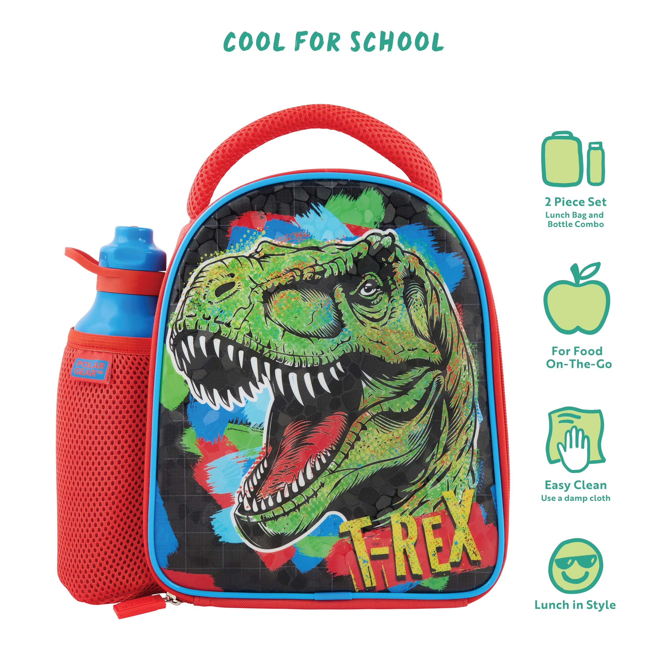 Polar Gear Dino T-Rex Insulated Kids Lunch Bag with 600ml Water Bottle | Polyester | Red 4