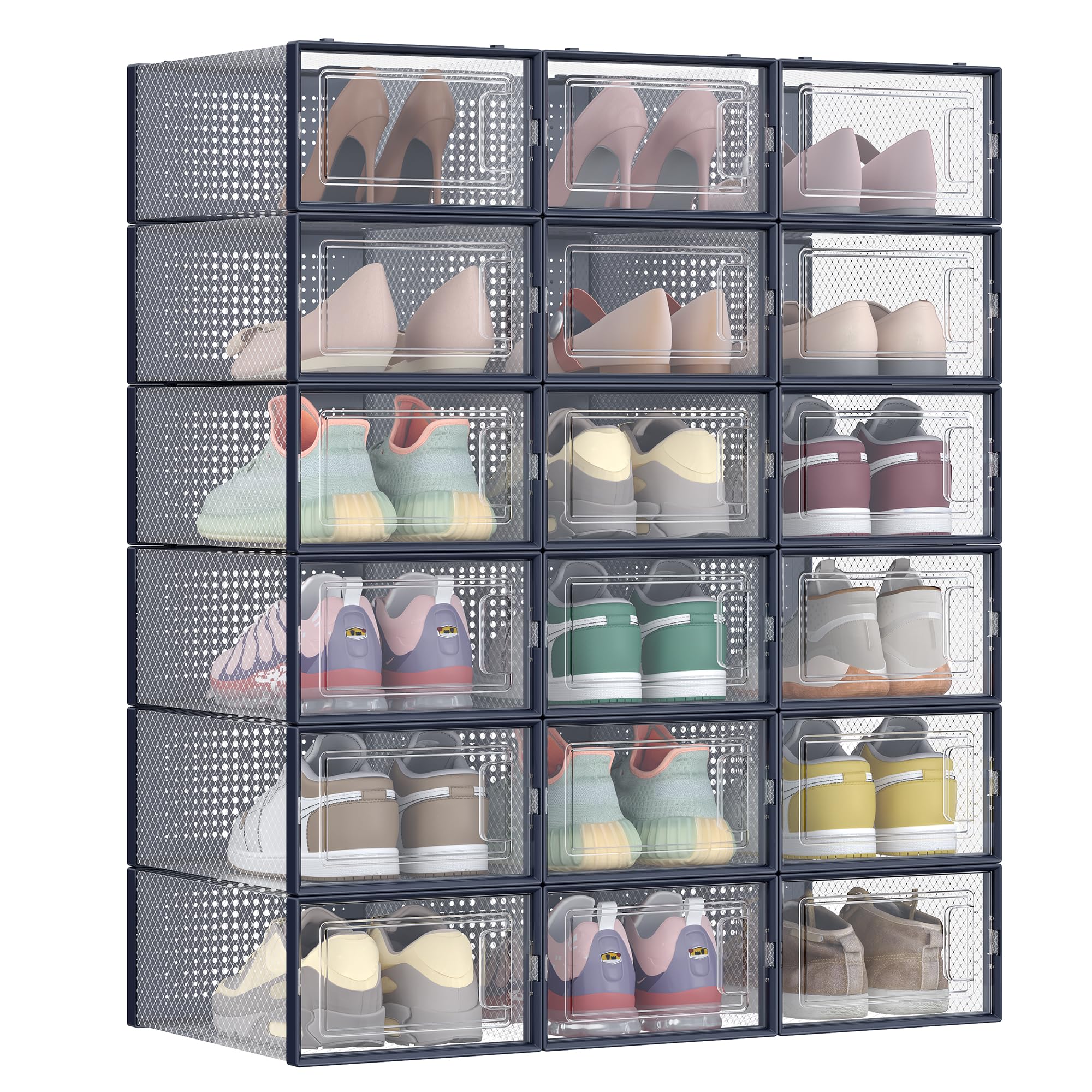 SONGMICS Shoe Boxes - Pack of 18 Stackable Storage Organisers | Fits UK Size 9.5 | Transparent 1