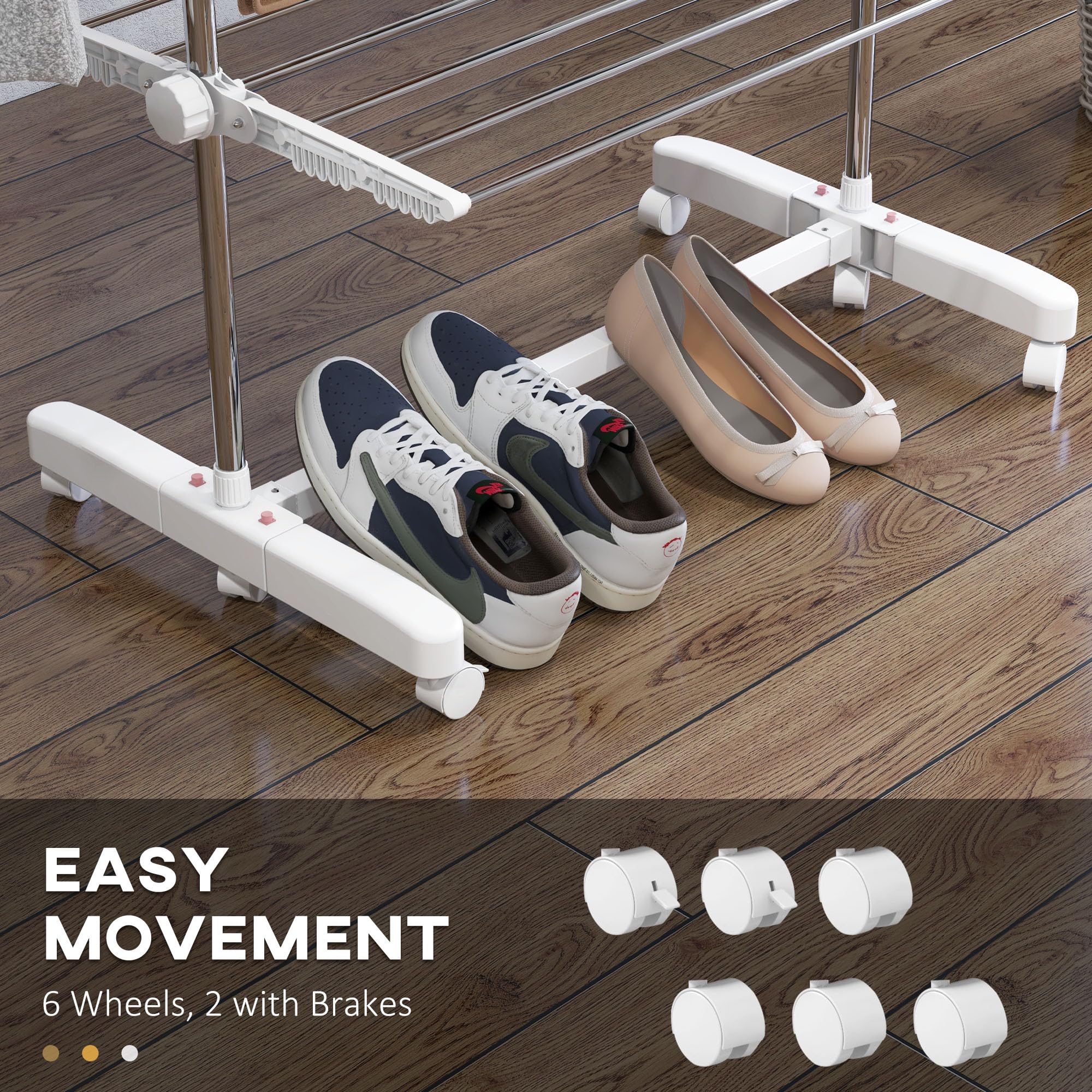 HOMCOM 4-Tier Stainless Steel Clothes Drying Rack | Foldable | Max Load 30kg | Wheeled 6
