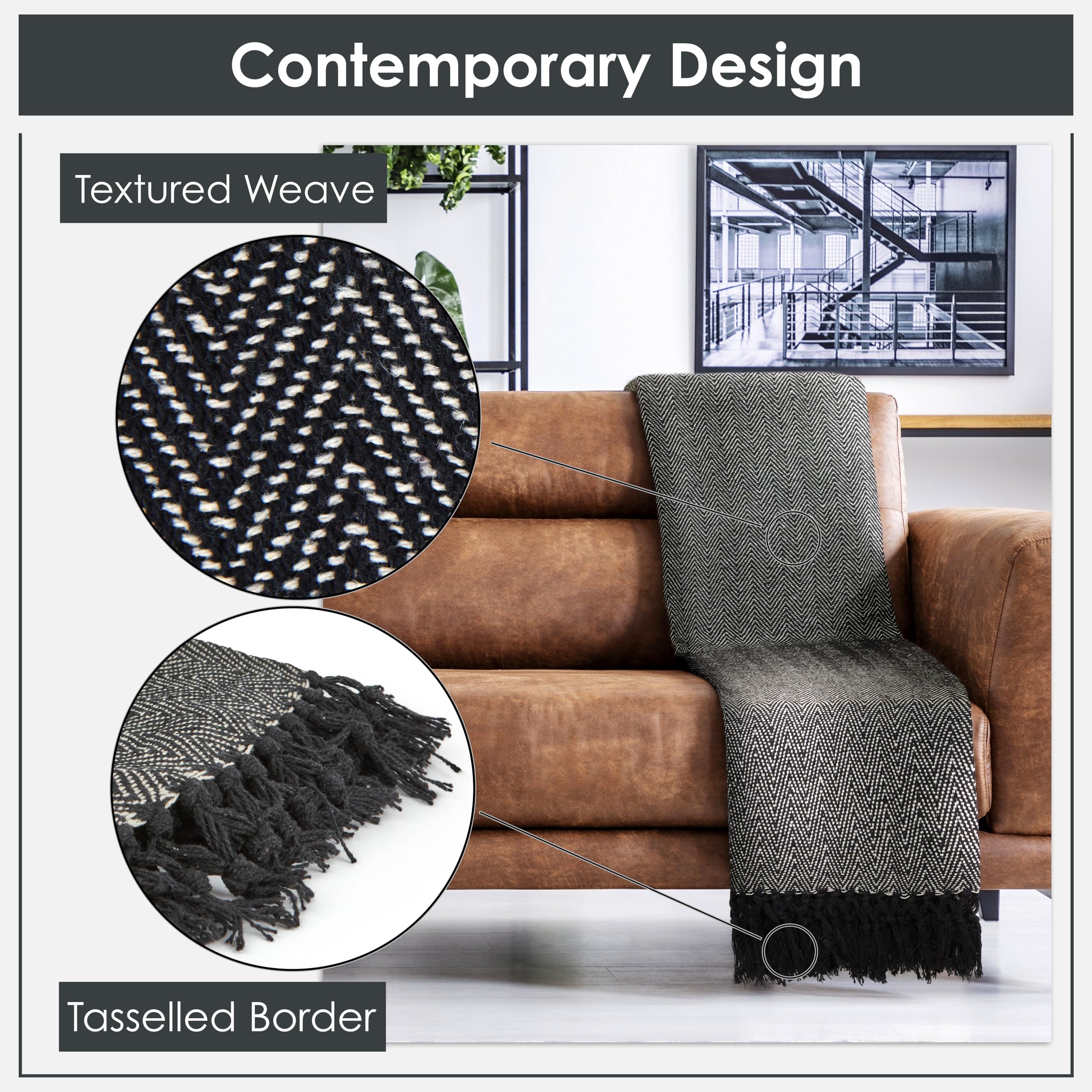 Emma Barclay Herringbone Recycled Cotton Throw Blanket - Black | 127x152cm | Machine Washable 2