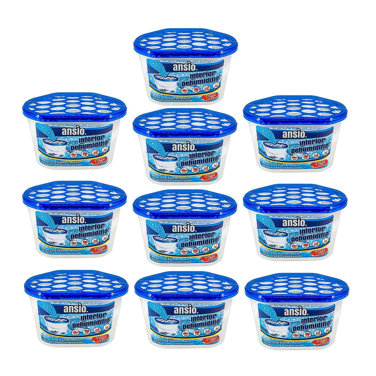 ANSIO Dehumidifier Disposable Moisture Absorber Tubs - Pack of 10 | Calcium Chloride | Blue