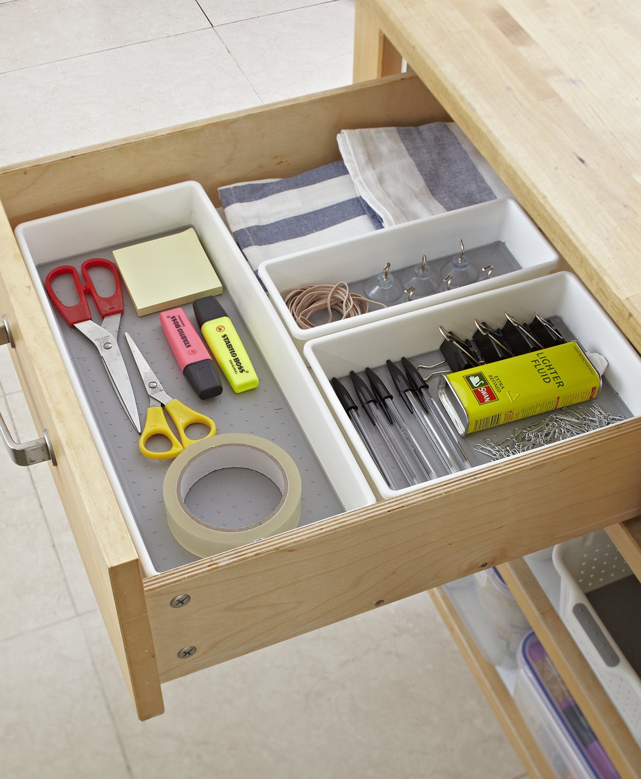 Addis Premium Tidy Drawer Storage Boxes - Set of 3 | White/Grey | Plastic