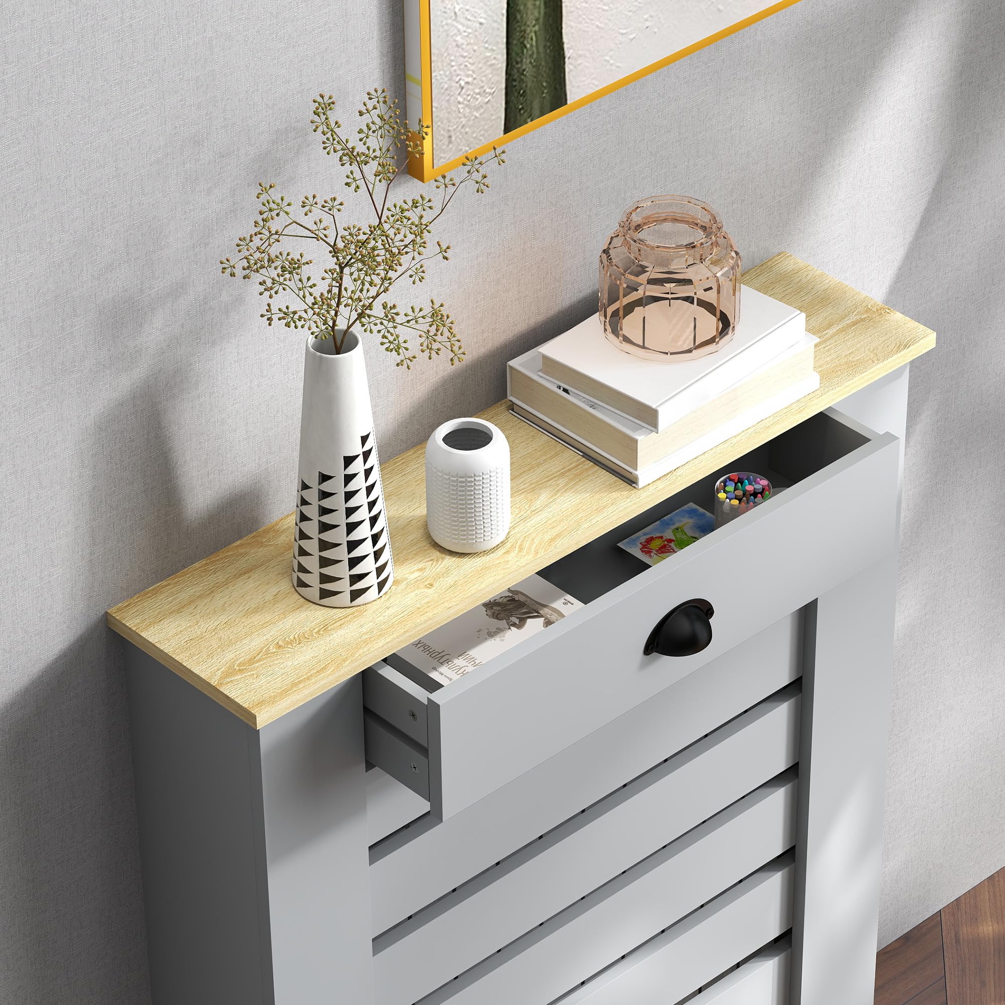 HOMCOM Radiator Cover with Drawer - Horizontal Slatted Grill, Grey Painted M | 78W x 95.5H cm 8