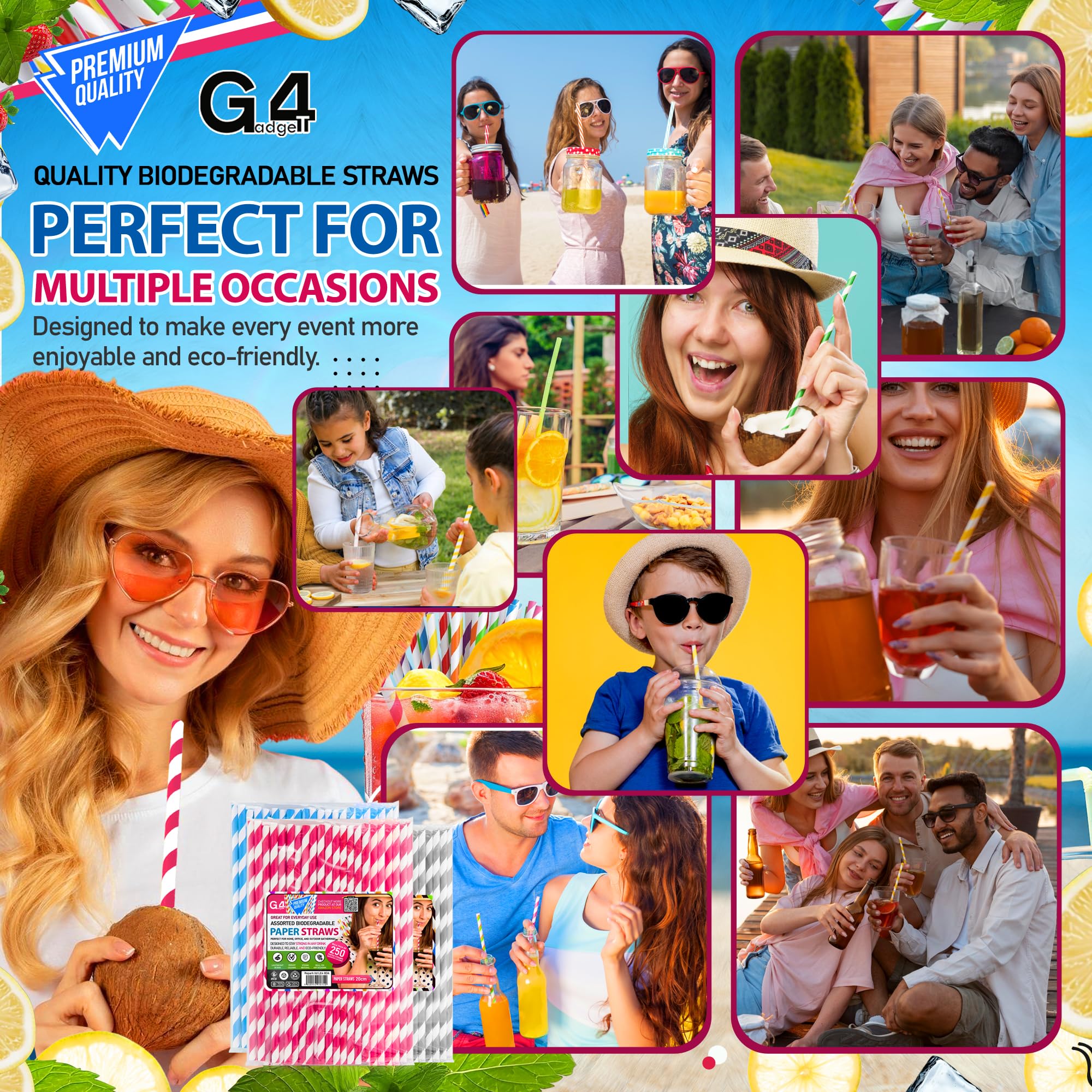 G4GADGET 250-Pack Assorted Biodegradable Paper Straws - Sturdy, Multi-Colored for Drinks & Crafts 7