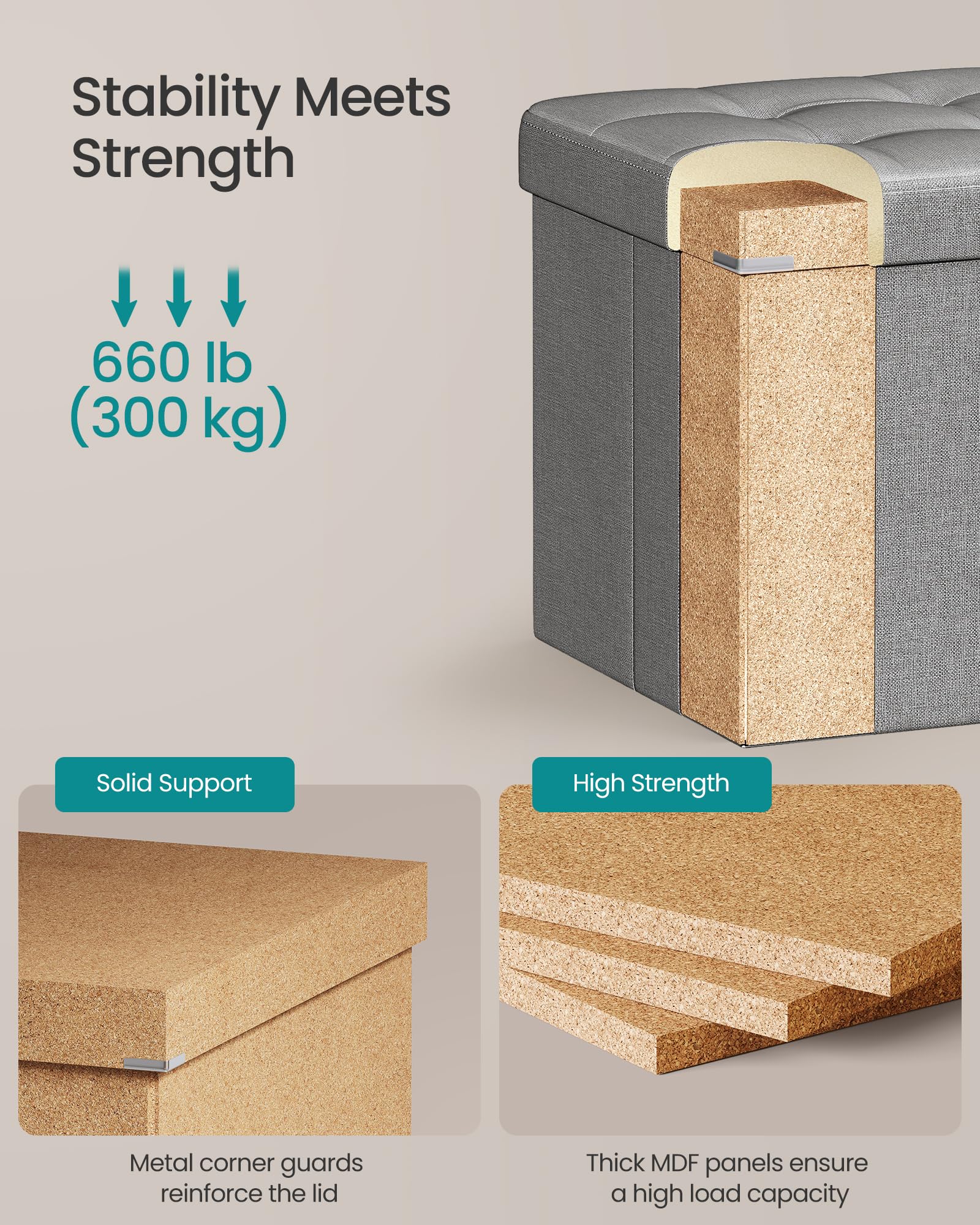 SONGMICS MAZIE Storage Ottoman Bench - 76 cm Folding Foot Rest | 300 kg Capacity | Light Grey 5