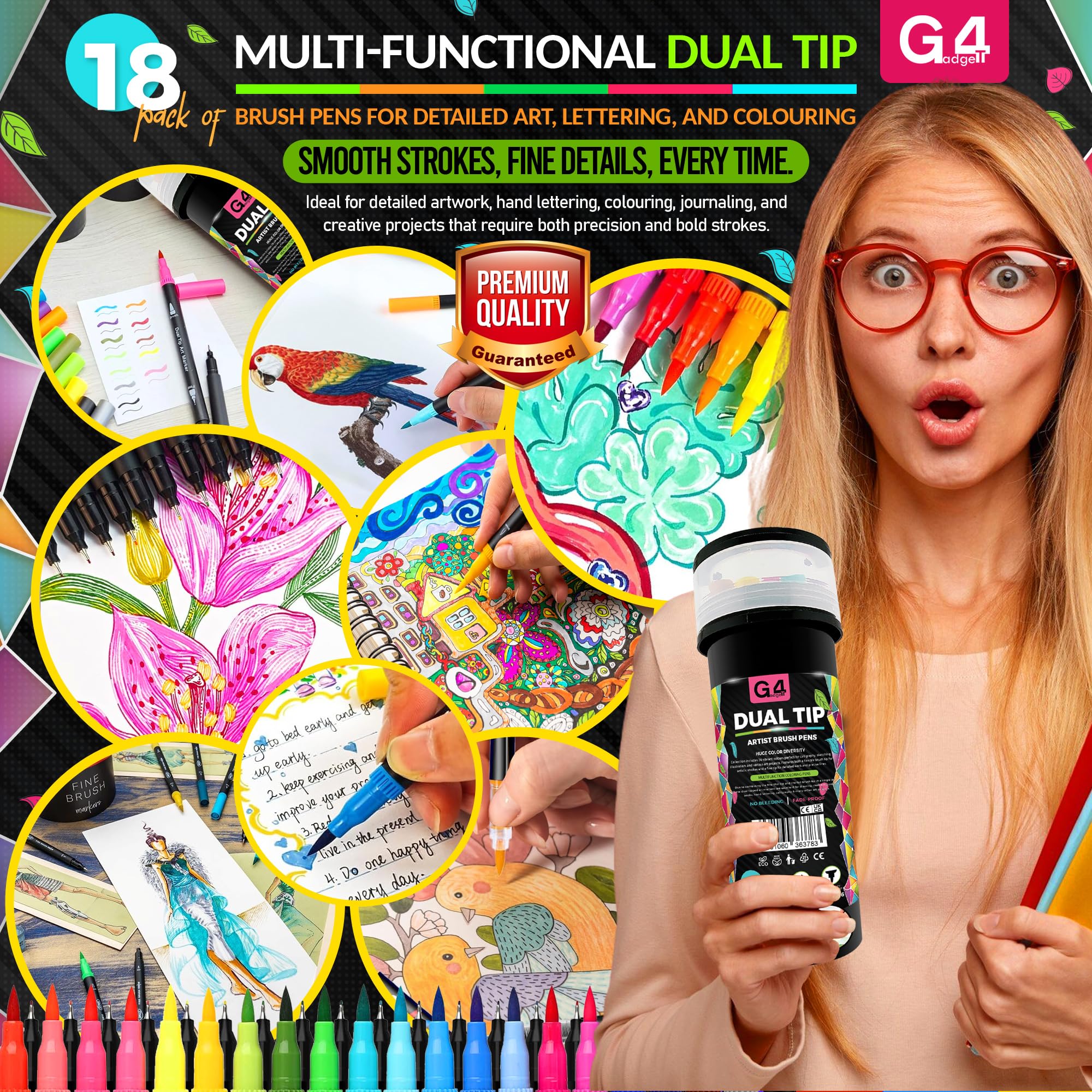 G4GADGET Dual Tip Brush Pens - 18 Pack | Fine & Brush Tip Markers for Drawing & Lettering 7