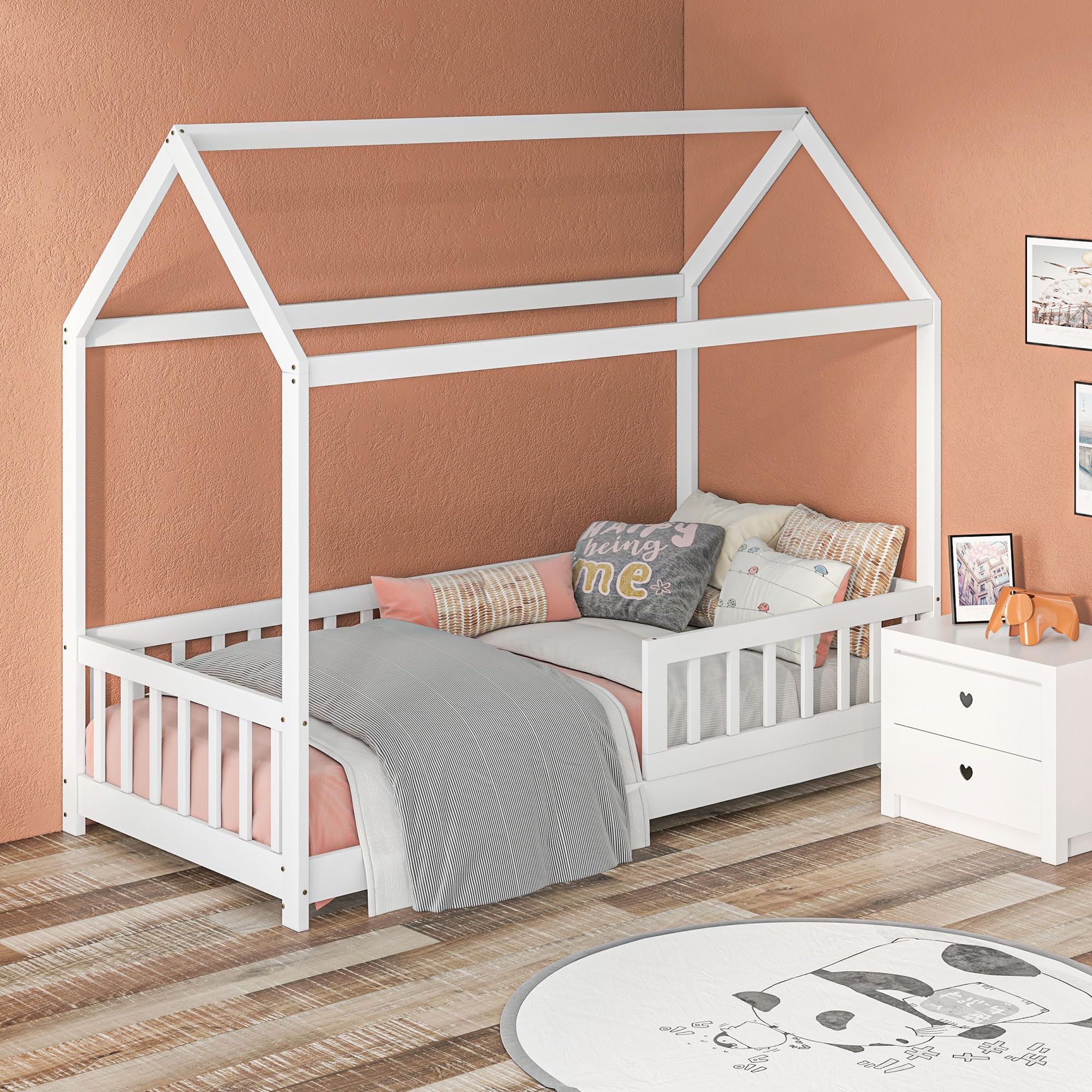 HOMCOM Toddler Bed Single House-Shaped Frame Solid Pine Wood White | 120kg Capacity 1