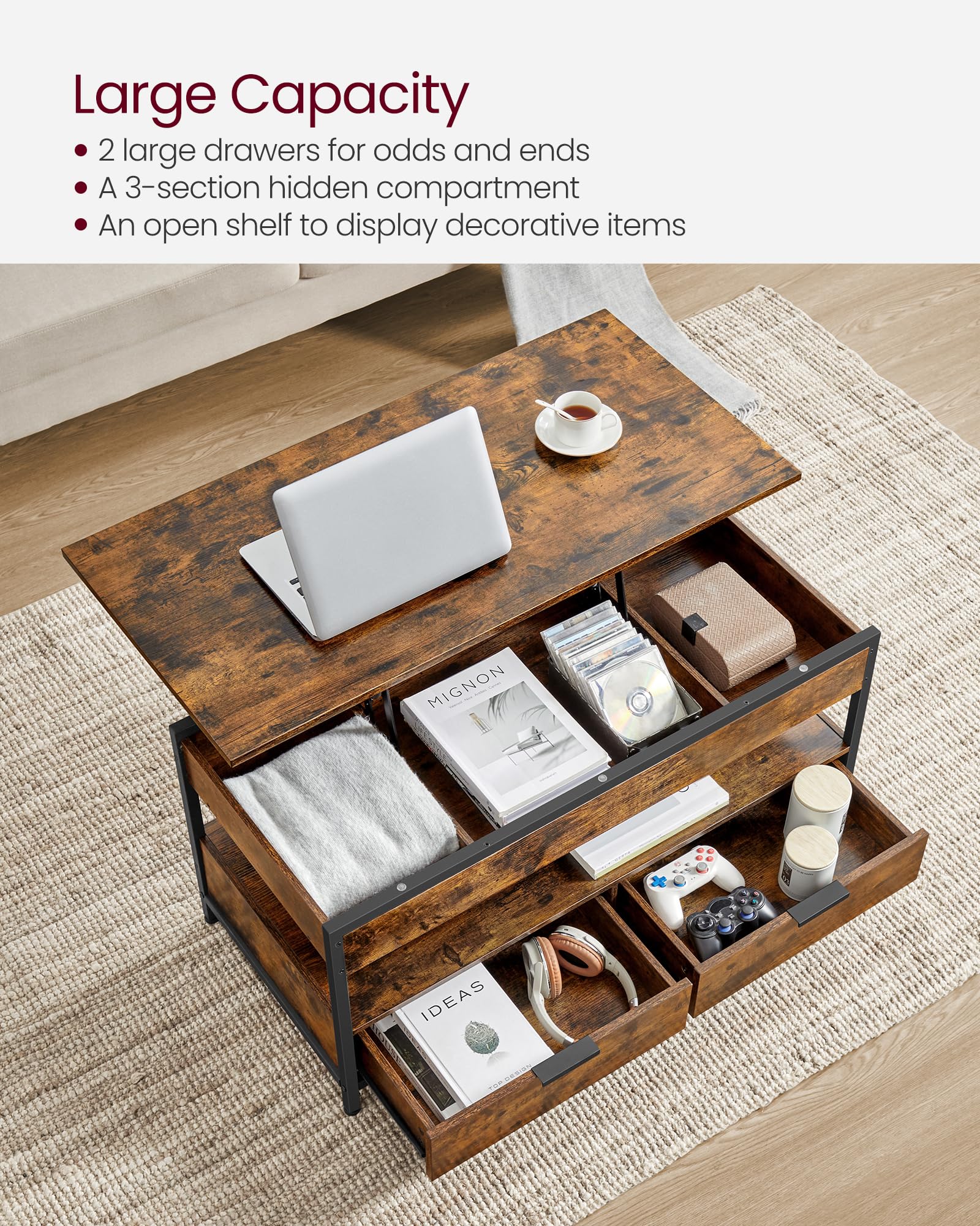 VASAGLE Lift Top Coffee Table - Storage Drawers | Rustic Brown + Ink Black | 100cm Wide 5