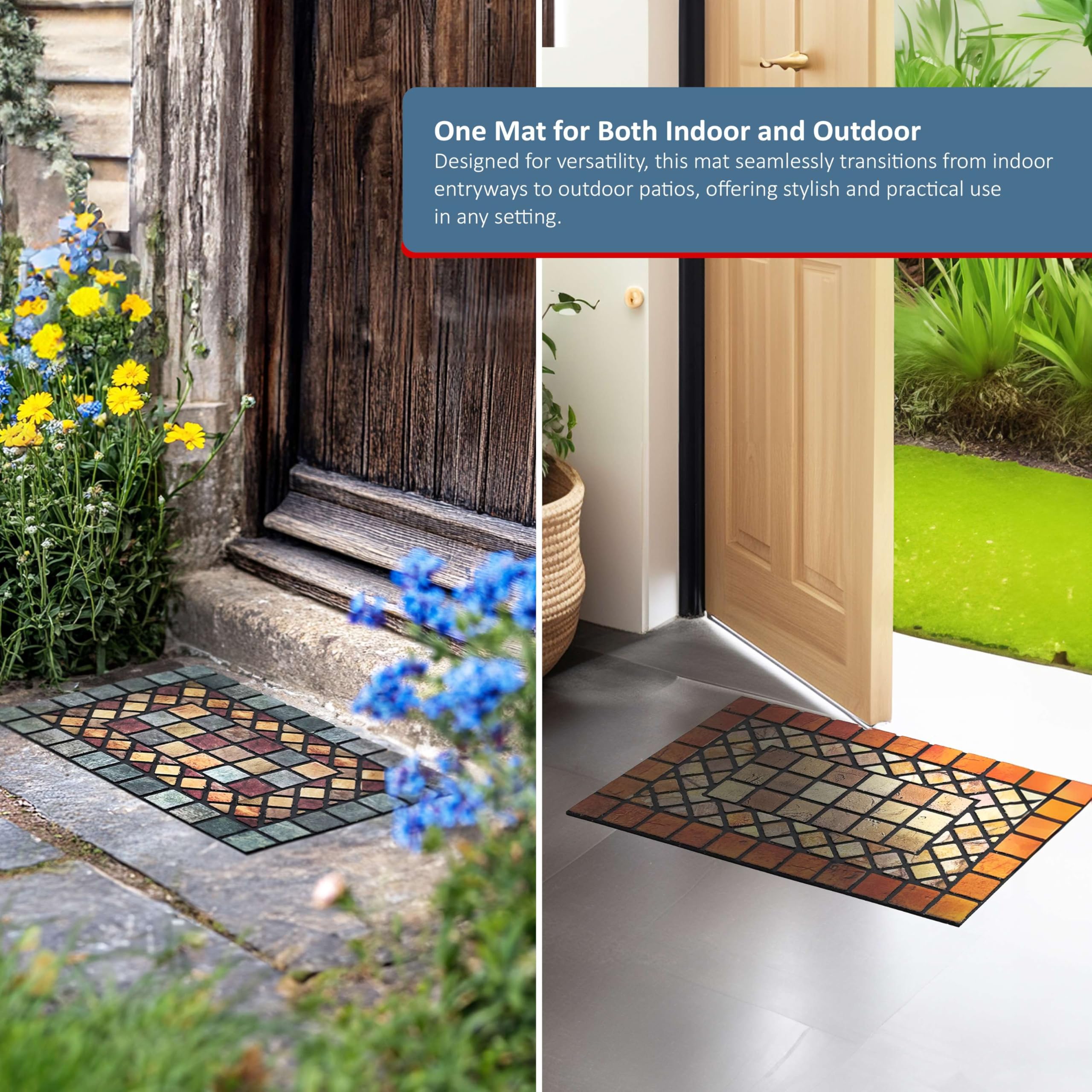 Nicoman Tile Heavy Duty Boot Scraper Doormat - Non-Slip Rubber, Indoor/Outdoor, 60x40cm, Blue Border 9
