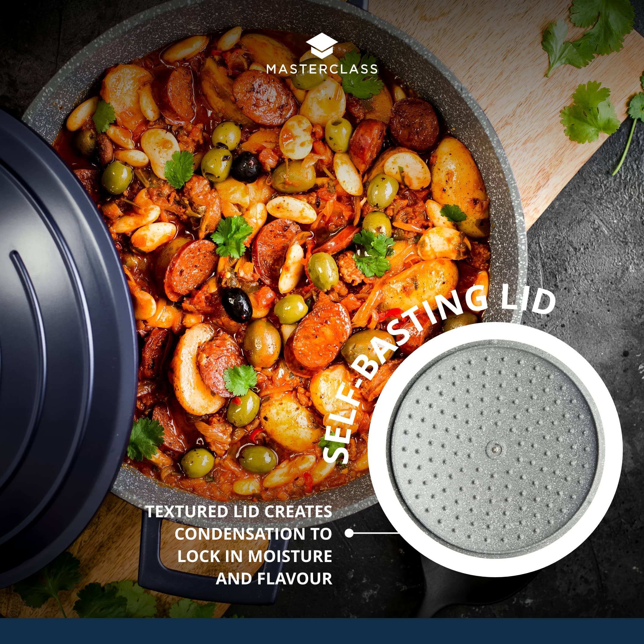 MasterClass Shallow Casserole Dish with Lid - 4 Litre, 28 cm, Lightweight Cast Aluminium, Blue 6