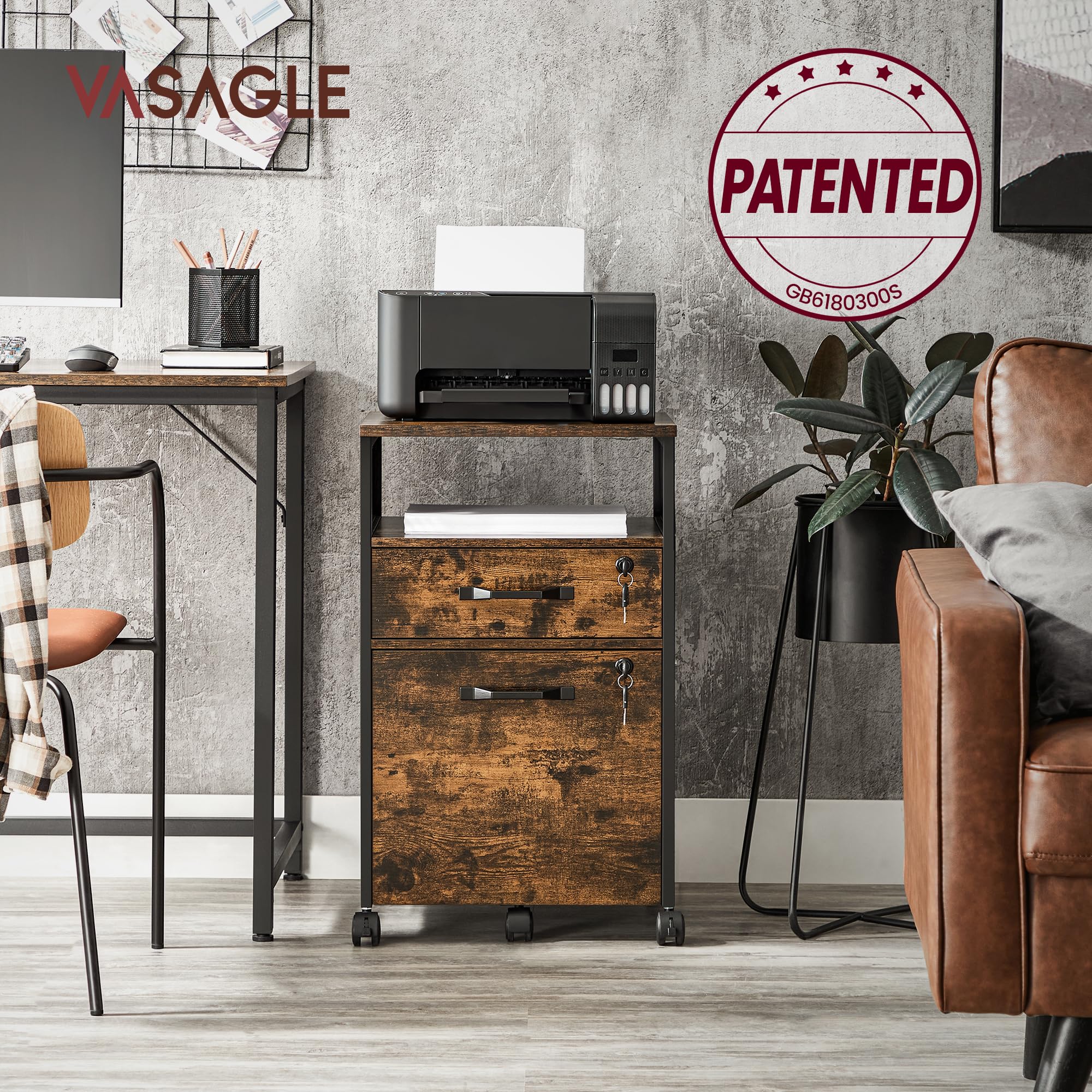VASAGLE Mobile File Cabinet with 2 Lockable Drawers | Rustic Brown + Black | 44x42x69 cm 4