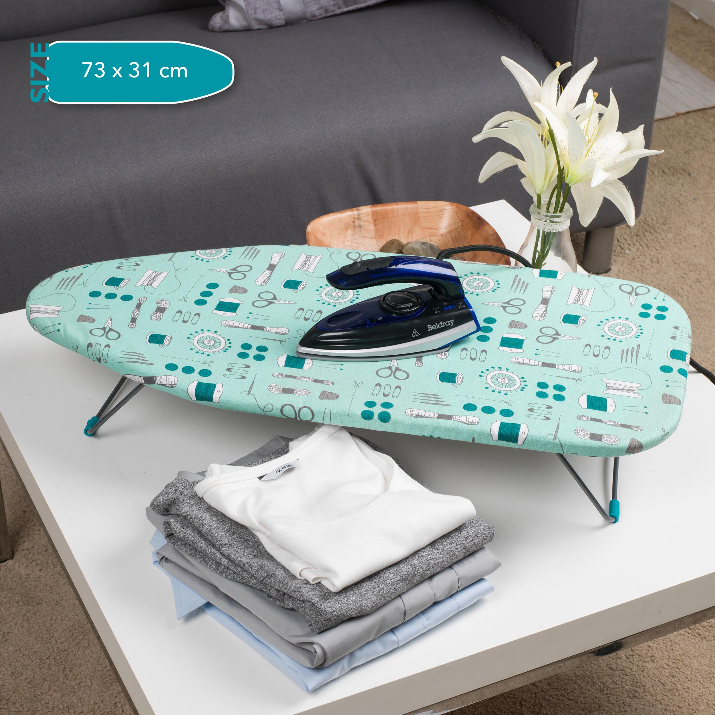 Beldray Tabletop Ironing Board - 73x31cm, Sewing Print, 100% Cotton Cover, Foldable Legs 3